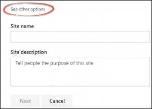Figure 3: See other options link in the Create Site window