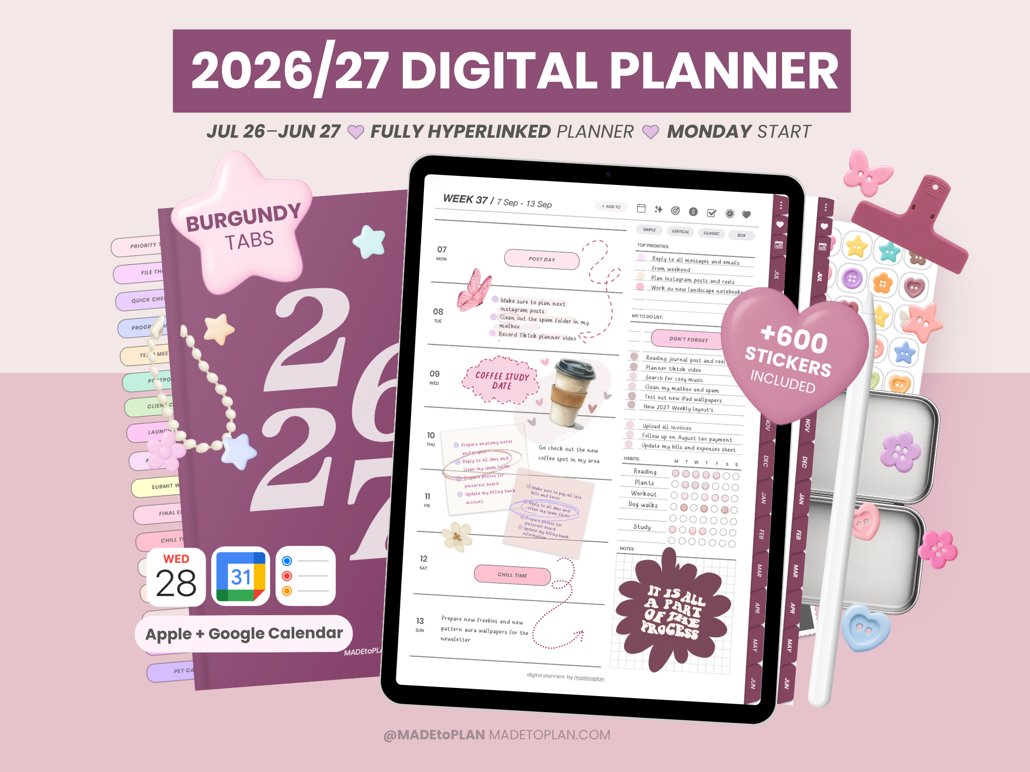 2026-2027 Planner BURGUNDY Tabs