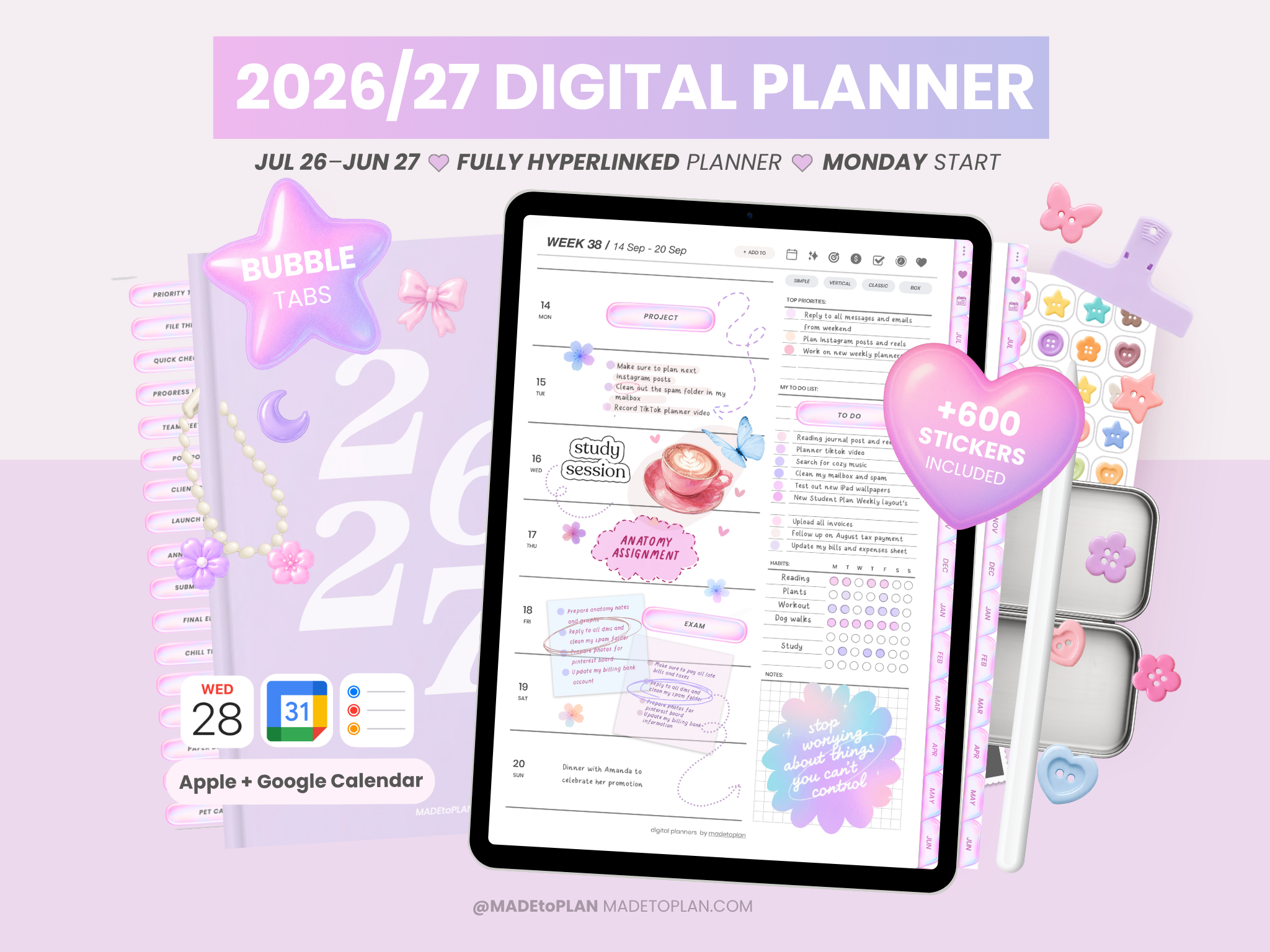 2026-2027 Planner BUBBLE Tabs - 2026 Digital Planners by MADEtoPLAN