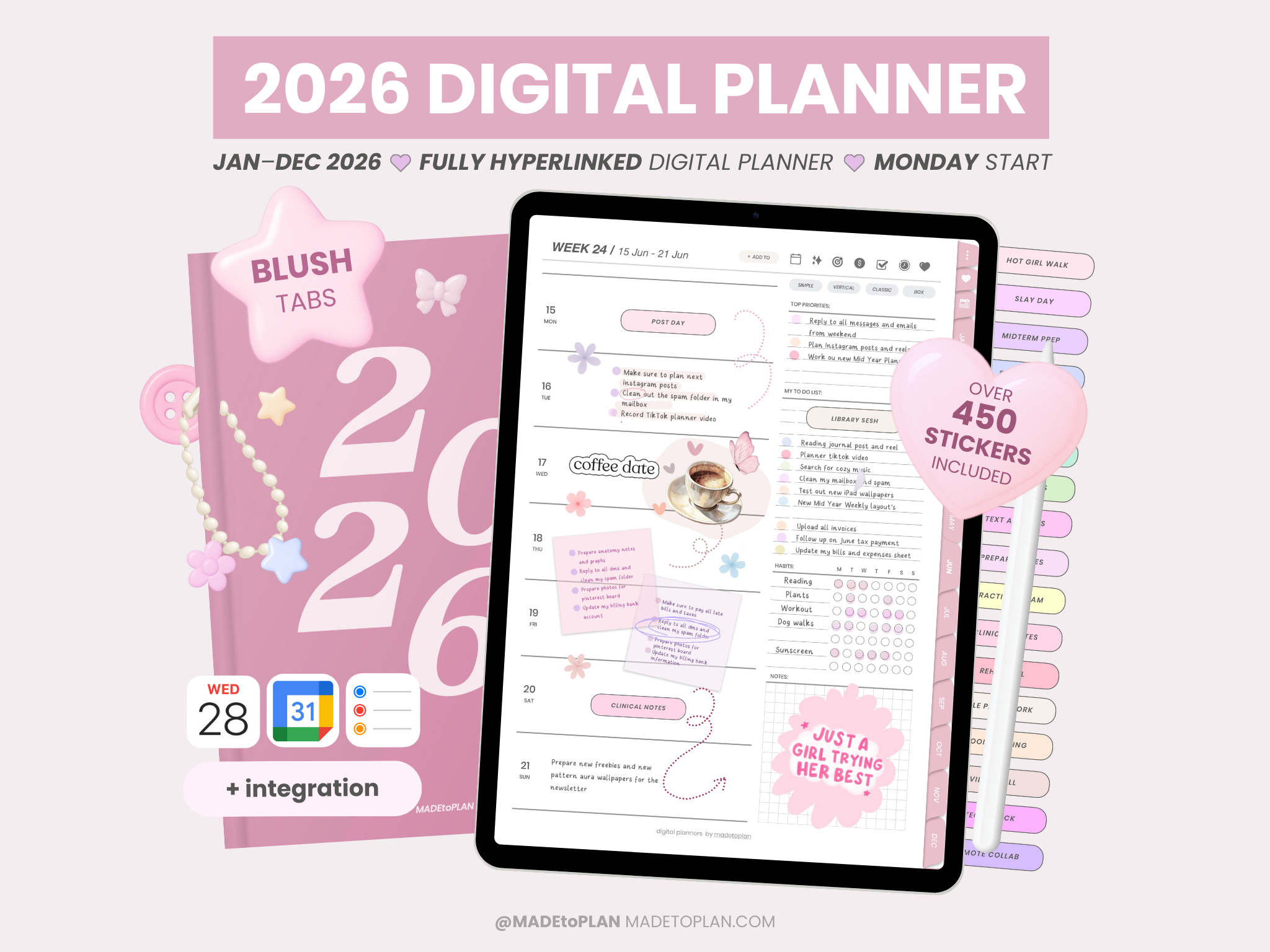 2026 Planner BLUSH Tabs - 2026 Digital Planners by MADEtoPLAN