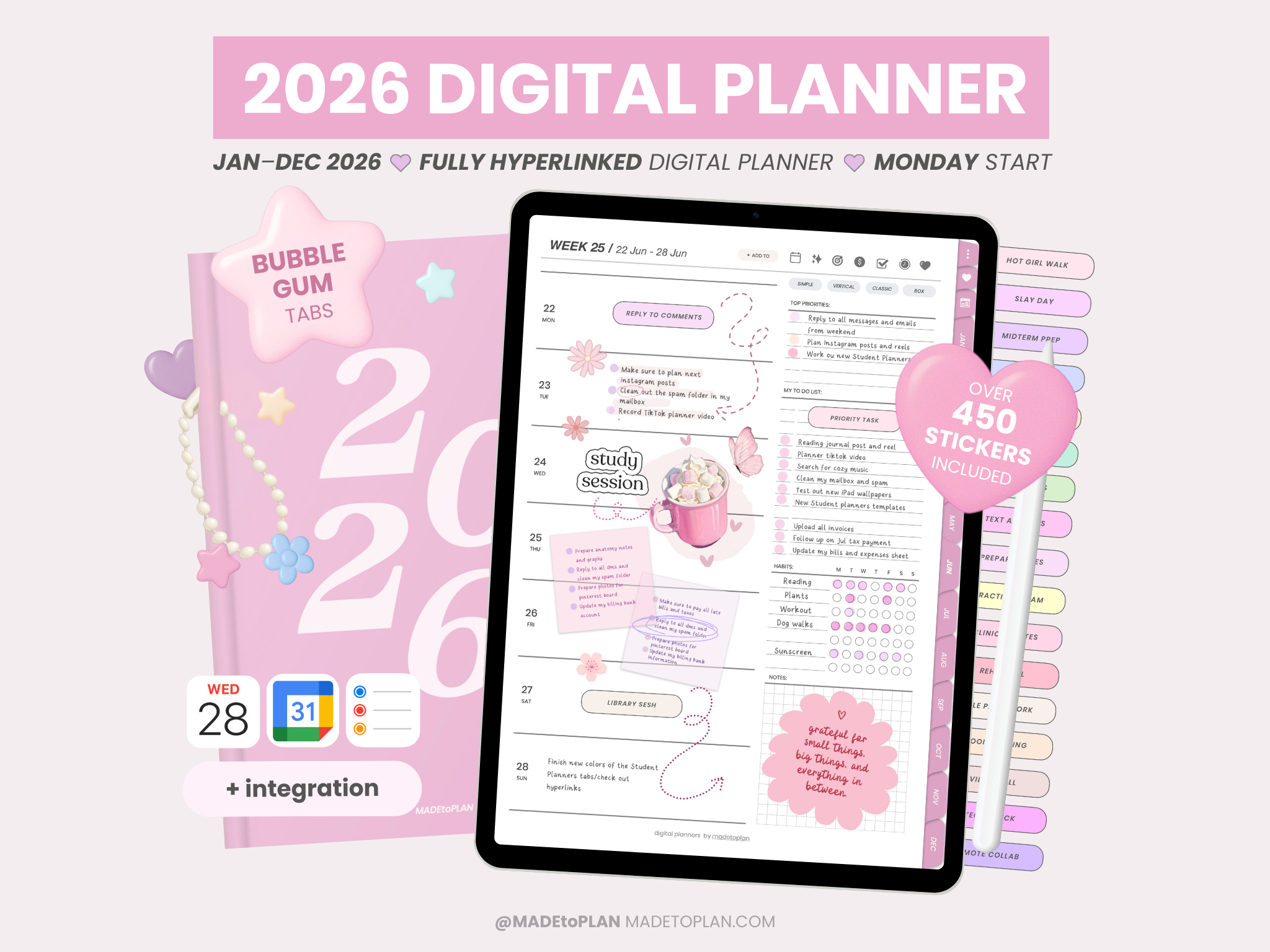 2026 Planner BUBBLEGUM Tabs - 2026 Digital Planners by MADEtoPLAN