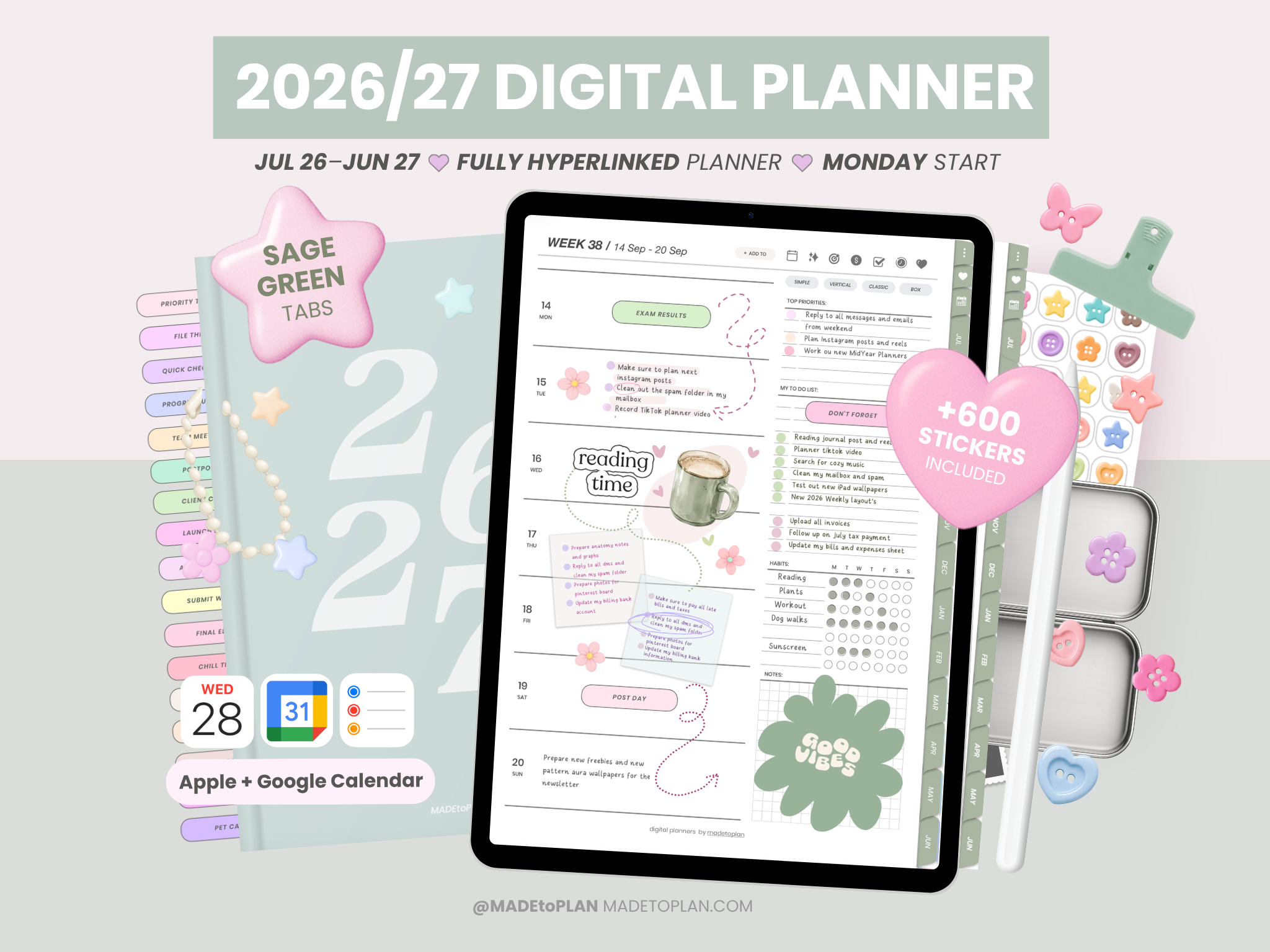 2026-2027 Planner SAGE GREEN Tabs