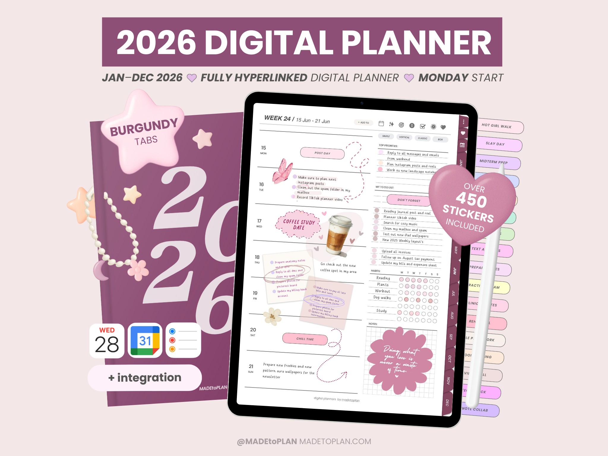 2026 Planner BURGUNDY Tabs - 2026 Digital Planners by MADEtoPLAN