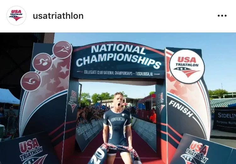 Jack Felix, Queens University, breaking the tape in the 2018 USAT Collegiate Club Nationals Mixed Team Relay (Photo: USA Triathlon Instagram)