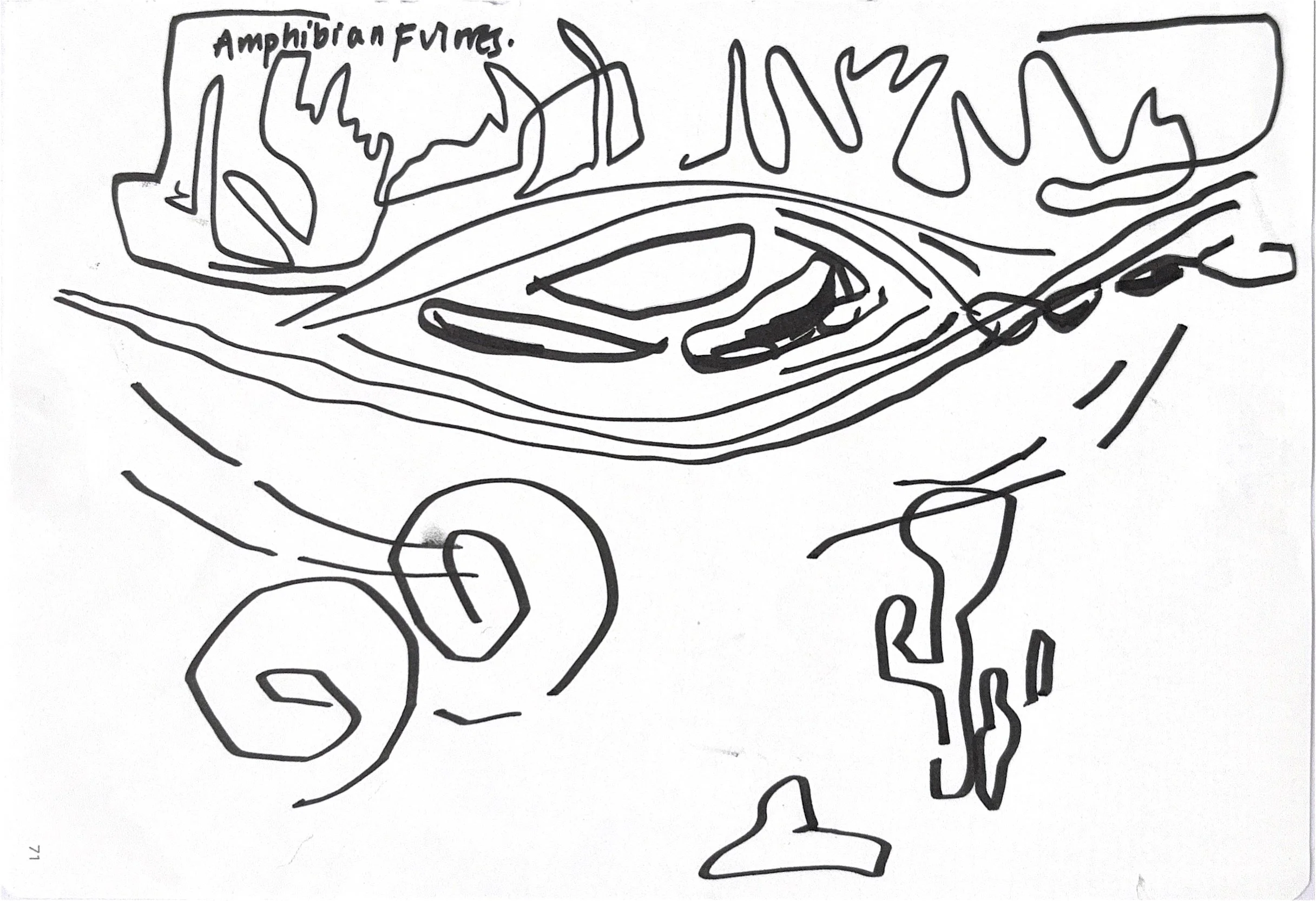 Black and white water inspired pen drawing. There is a mix of abstract and figurative watery marks. In the top left, the word Amphibian Futures is also present.