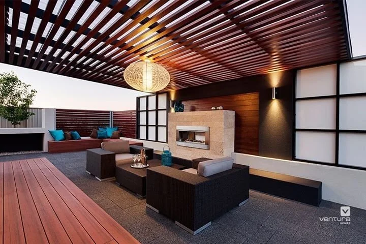 Covered outdoor patio with lounge seating