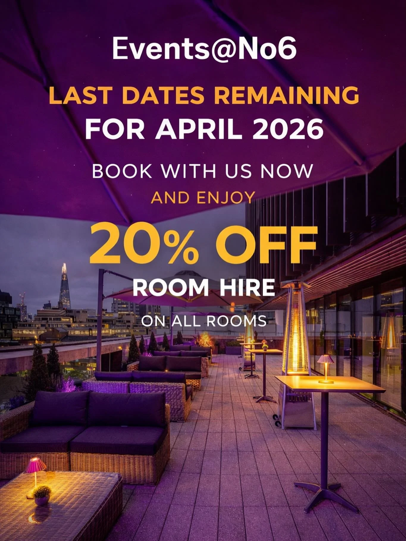 Only a few April 2026 dates left✨
Book now and enjoy 20% OFF room hire across all rooms. 
Make your next event one to remember.
Get in touch today.💌