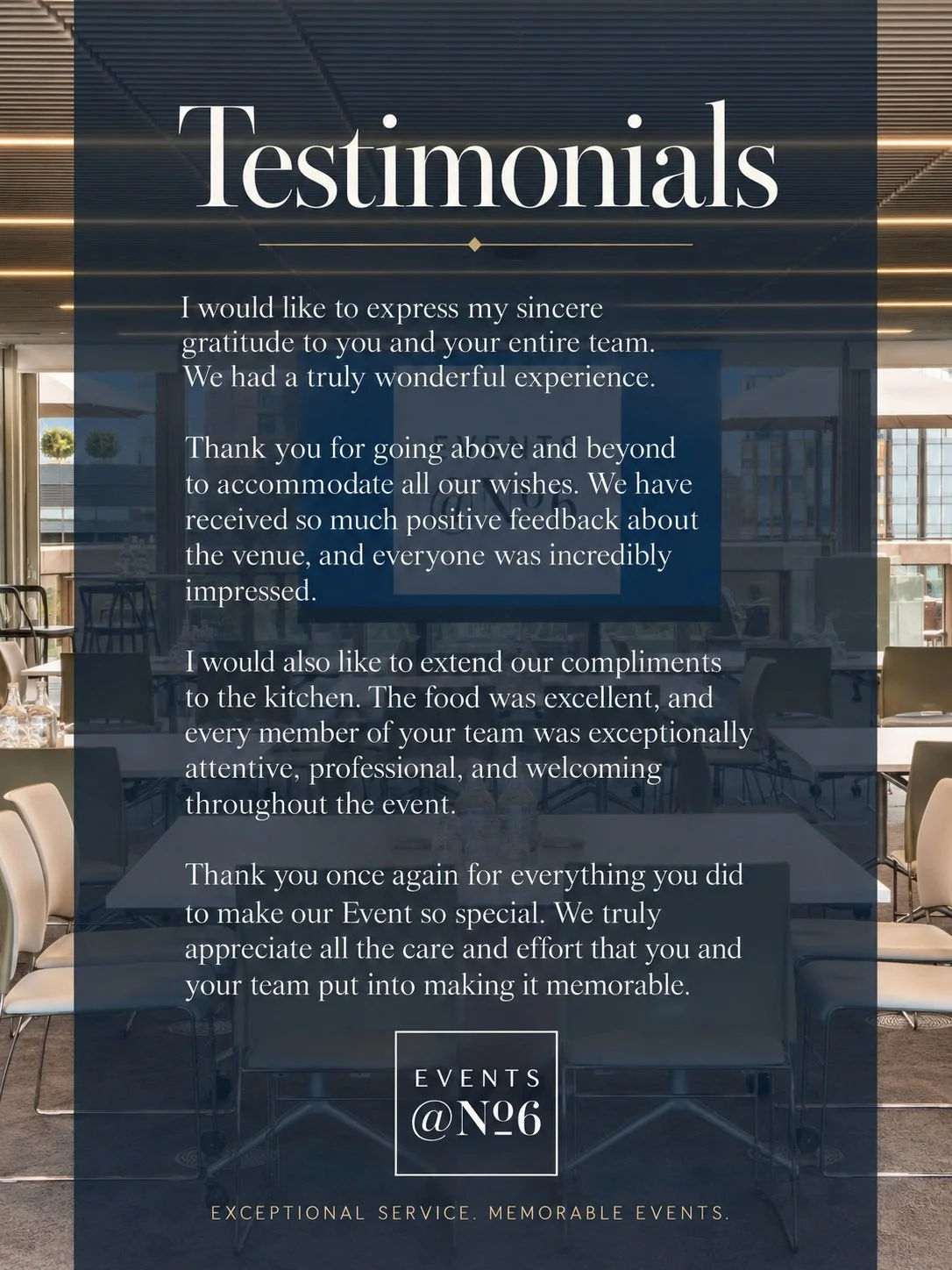 This is the Events@No6 experience. ✨

From the first conversation to the final moments of an event, our aim at Events@No6 is to make every experience feel seamless, welcoming and exceptionally well looked after.

We&rsquo;re delighted to receive feed