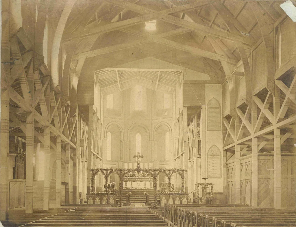 1870s: in the background, the present-day sanctuary has already been constructed in stone. The rest is still the original, temporary church - to be replaced in the following decades by the St John’s we see today.
