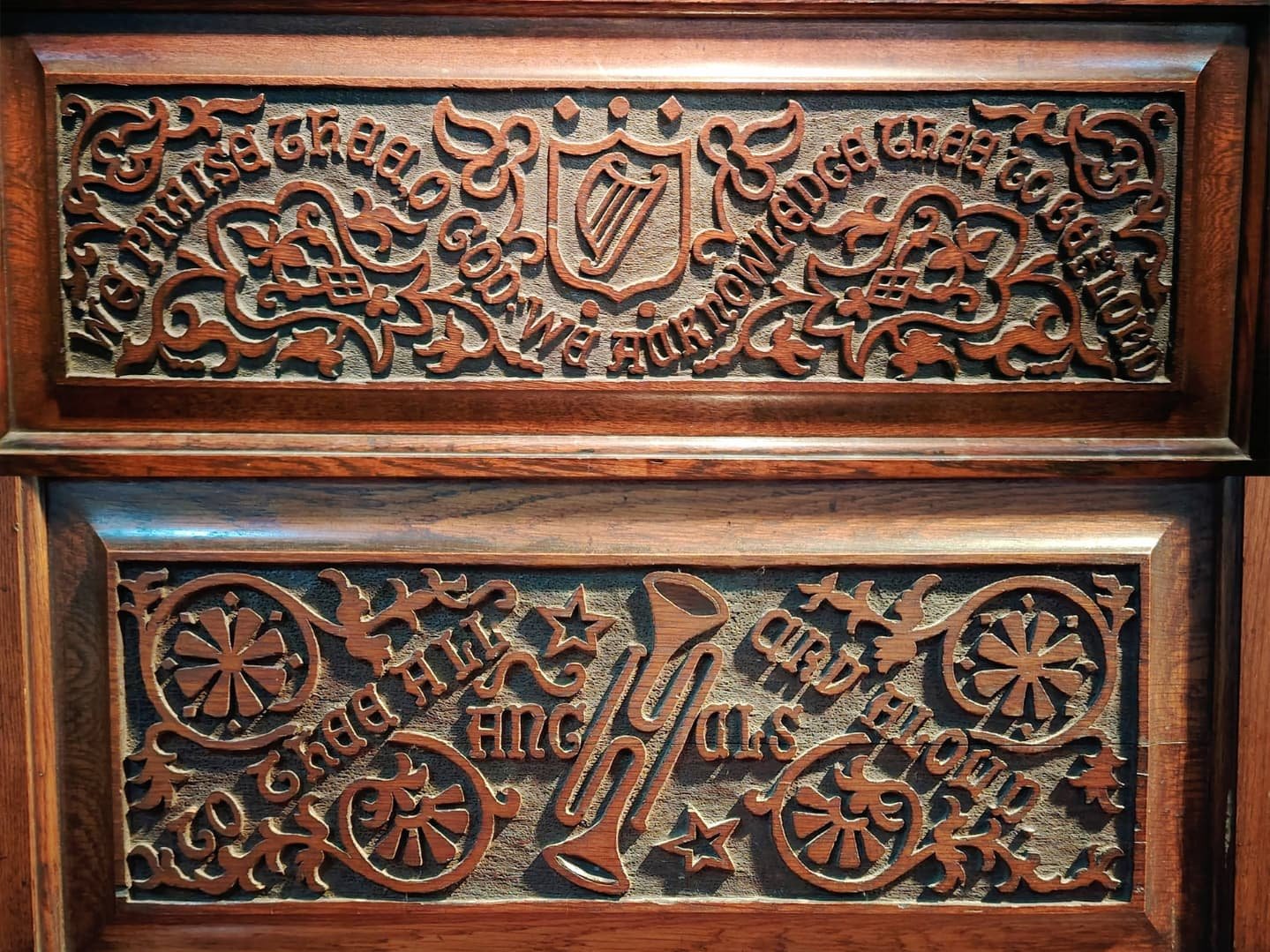 A lesser known detail in the church are our choir pews, beautifully carved with wonderful detail, all by the daughter of the second vicar at St John's.

As we look towards Trinity Sunday, the pews aptly bear the opening words of the great ancient hym