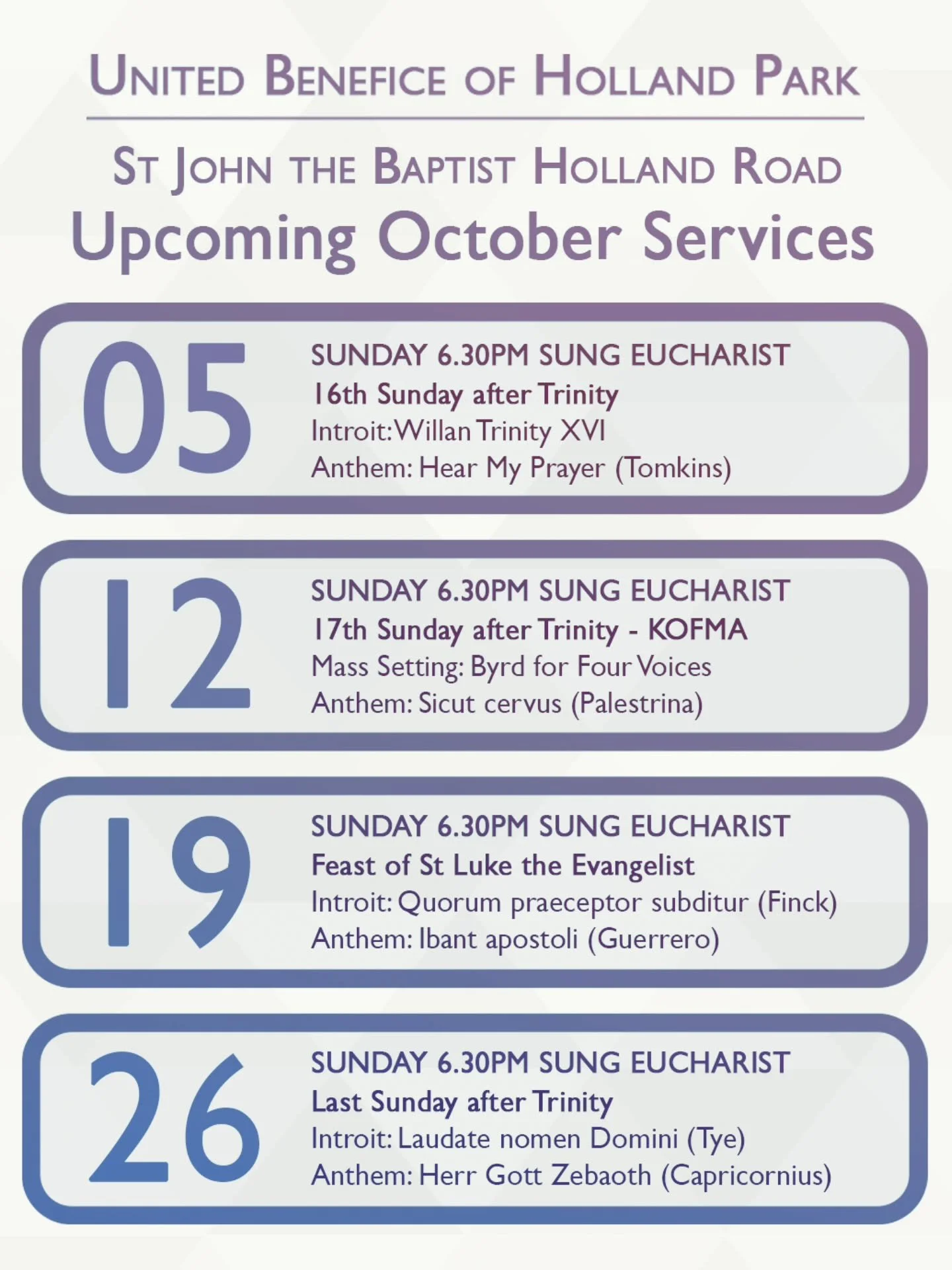Our upcoming Sunday evening services for October. We hope to see you soon.

#church #dioceseoflondon #inclusivechurch🏳️&zwj;🌈