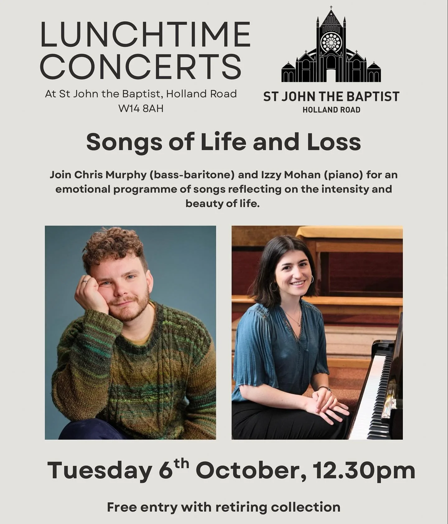 Lunchtime concert TOMORROW (Tuesday 6th Oct) at 12.30pm. Featuring songs by Debussy, Schubert, Vaughan Williams, Mussorgsky, and Butterworth. #classicalmusic #london #concert #singer #piano #church