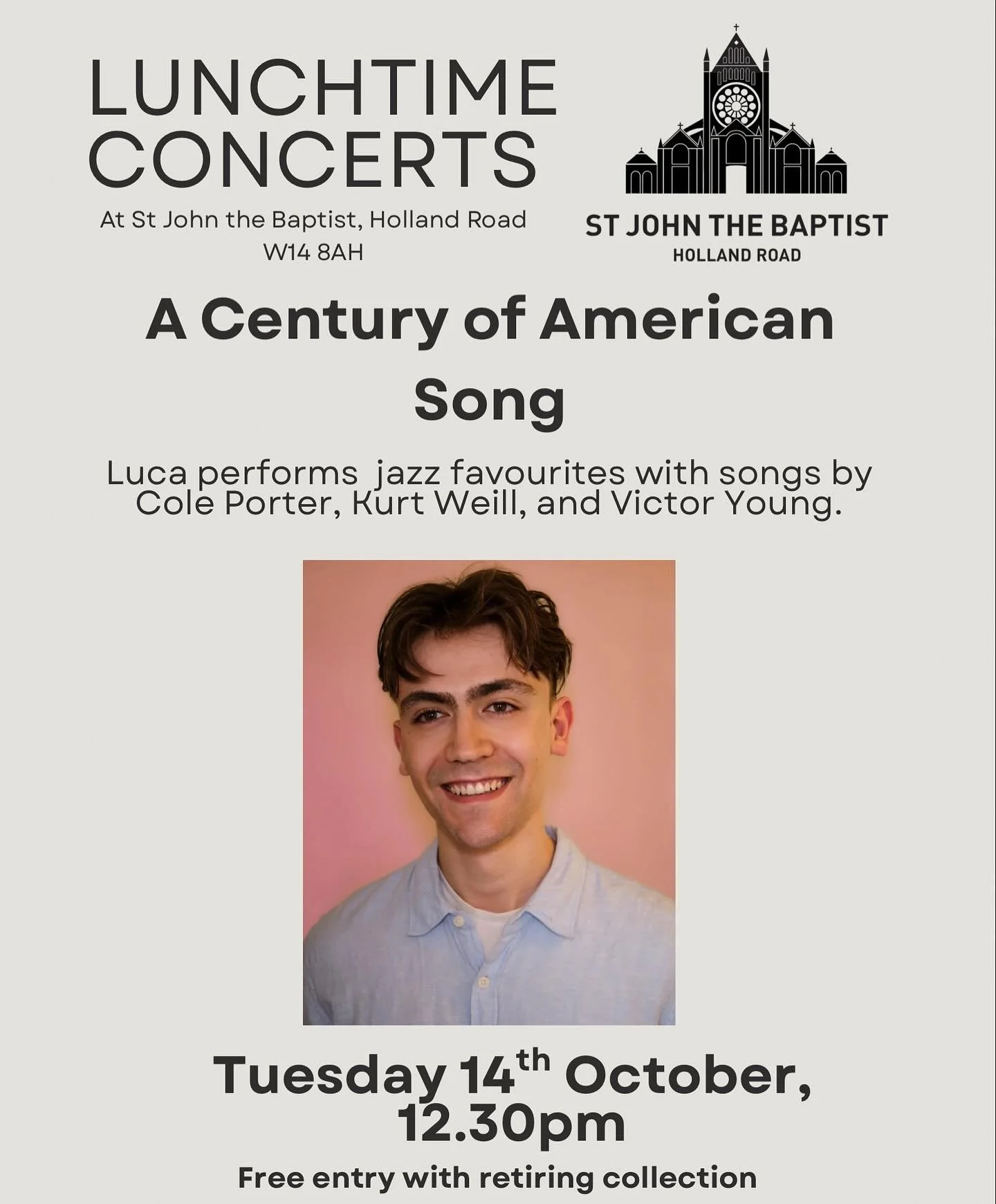 Join us at St John&rsquo;s at 12.30pm! Our lunchtime concert today features @lu.ca.w playing and singing a programme of jazz favourites!! #piano #singing #jazz #music #london