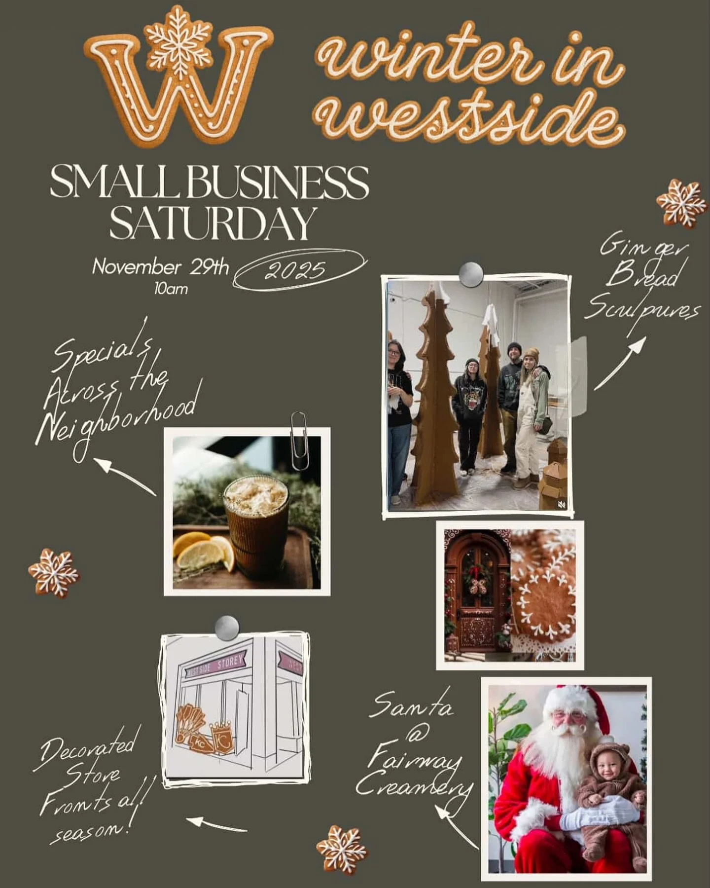 Come meander the @winterinwestside gingerbread village this Small Business Saturday!! Fun specials and festivities around the neighborhood!  Grab a limited edition pistachio latte from US and shop small and local. &hearts;️