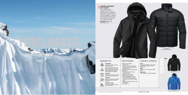 The North Face's 2019 catalogue is 40 pages, categorized by insulated, rain wear, soft shells, fleece, and bags. The North Face