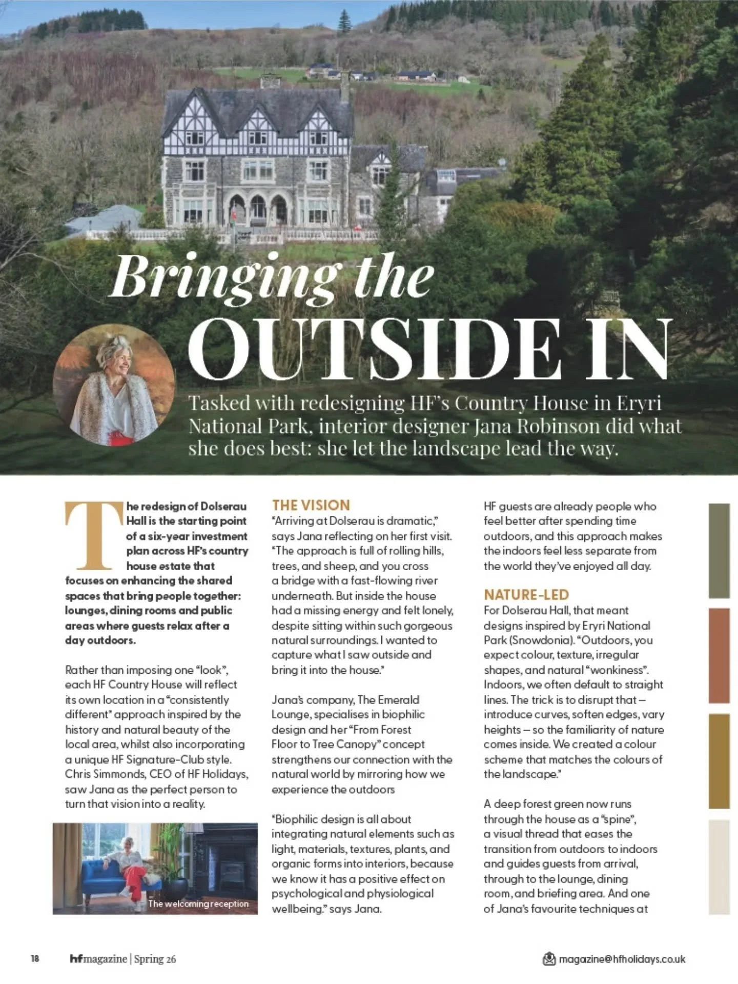 Proud to have set the tone 💚 

Dolserau Hall project is now featured in HF Holidays Magazine, Spring 2026. If you ever wondered why a hotel lobby should never make you feel like you have left nature behind, you can now read the article - link in my 
