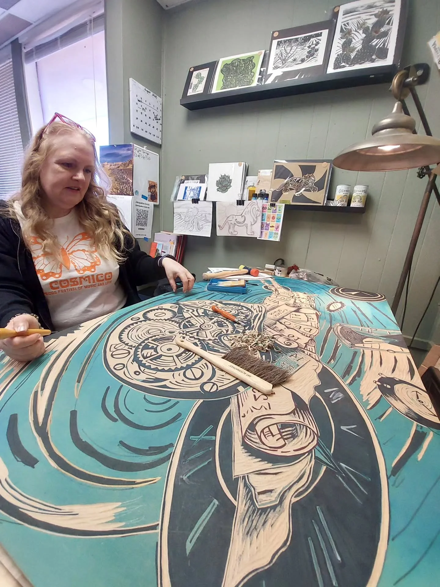 Printmaking artist Jacqueline Smith @smiths_print_alchemy is carving some new woodcut blocks and painting a new landscape design on the door of her Goldmark art studio, just in time for our Spring Art Walk on Saturday 4/11 and Sunday 4/12 from 12-5pm