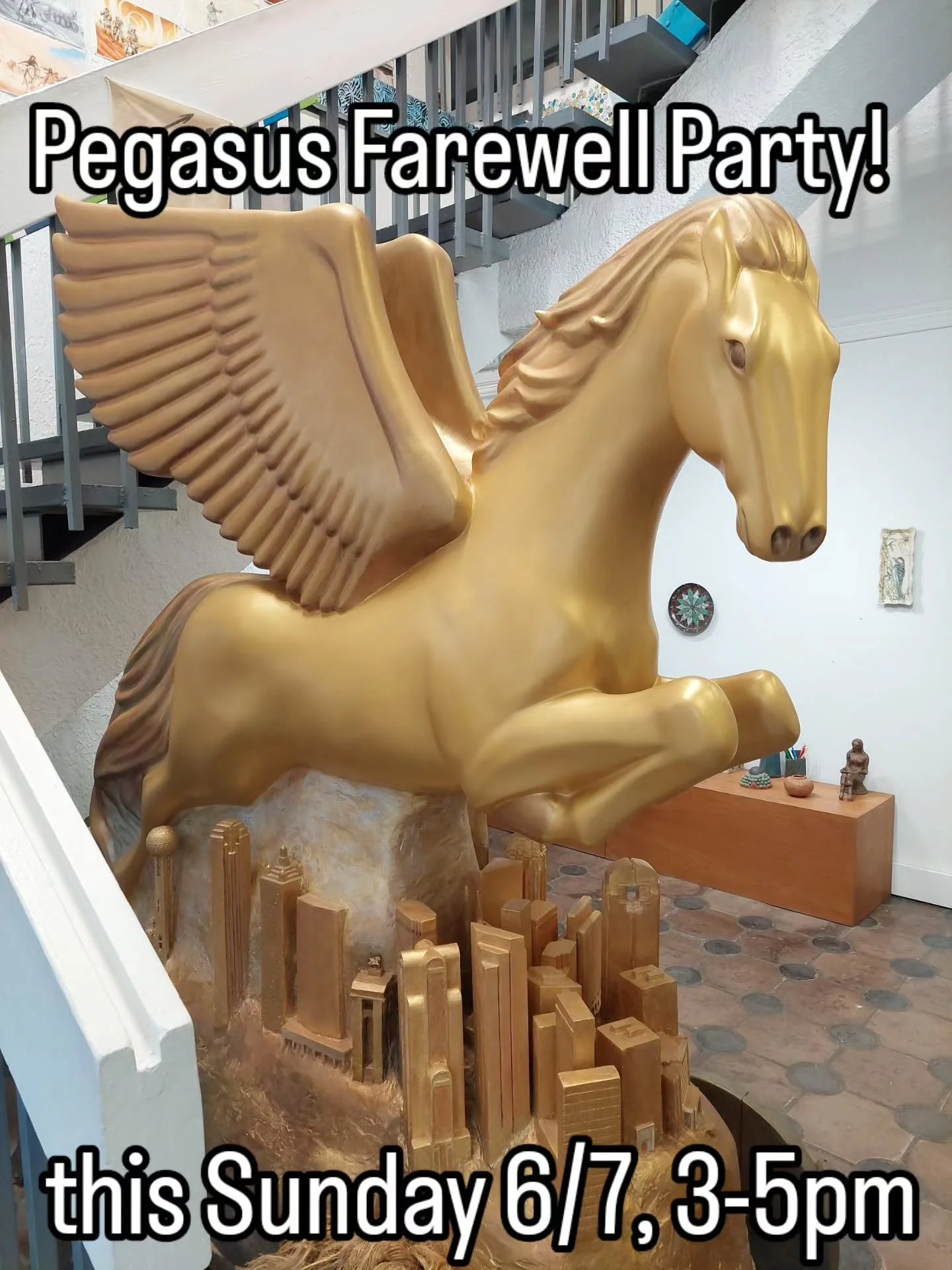 Join us this Sunday 6/7 from 3:00pm - 5:00pm to say goodbye to the Golden Pegasus sculpture at the Goldmark Cultural Center!

Titled &ldquo;Visions of Glory: Past and Present&rdquo;, this 25 year old fiberglass, foam, and wood sculpture is being relo