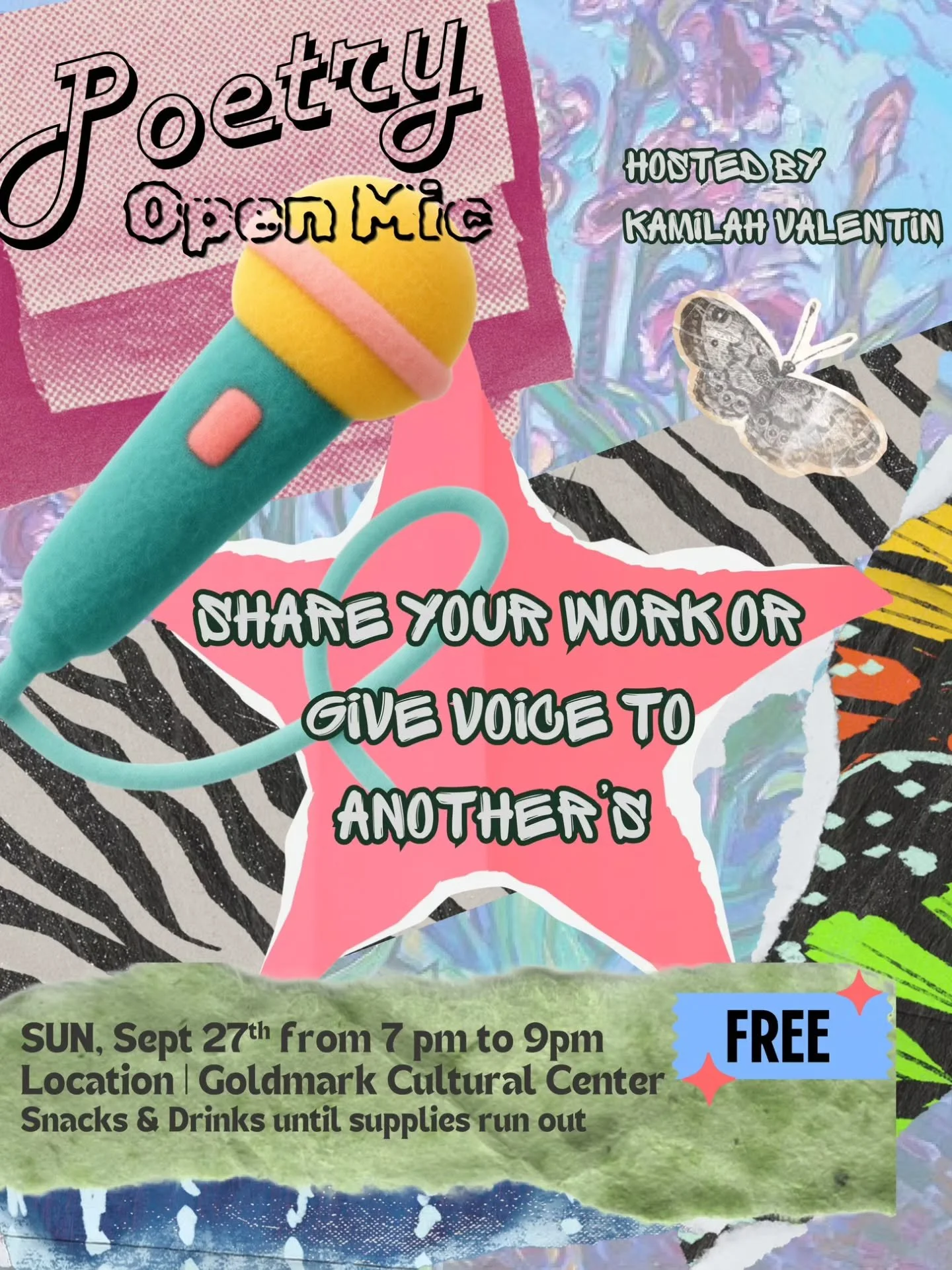 Come refresh and reset with poetry, snacks, and friends at this month's Poetry Open Mic, hosted by local poet and writer Kamilah Valentin @kams_conchispas at the Goldmark Cultural Center's community garden this Sunday 9/27 from 7.00pm to 9.00pm! 

Ta