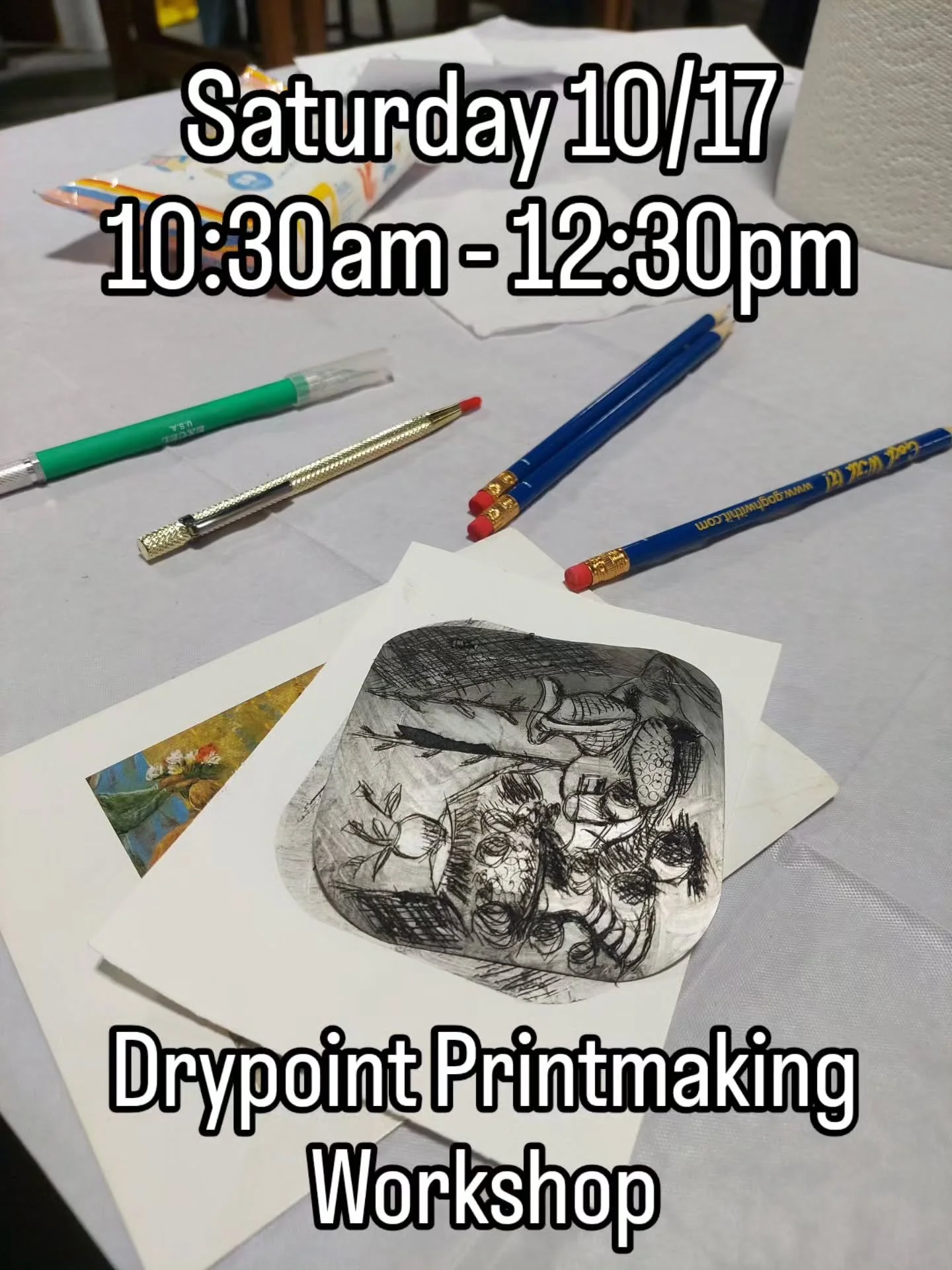Join us at the Goldmark Cultural Center this Saturday 10/17 for a Drypoint Printmaking Workshop with Tetrapak and Pasta Press, presented by Goldmark artist Margo Miller @badmargo11 !

Discover the art of printmaking in this hands-on workshop where we