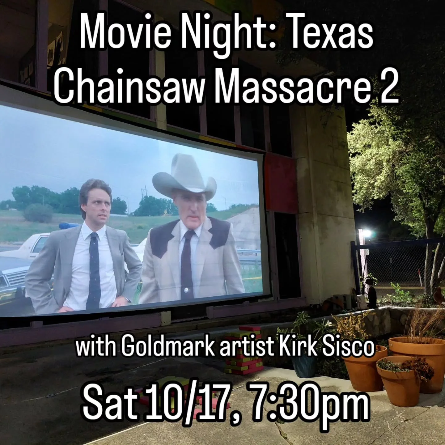 Join us for an outdoor drive-in style movie night in the Goldmark Cultural Center community garden this Saturday night! We are featuring a film with a Halloween horror theme and a surprising Goldmark artist connection: "Texas Chainsaw Massacre 2
