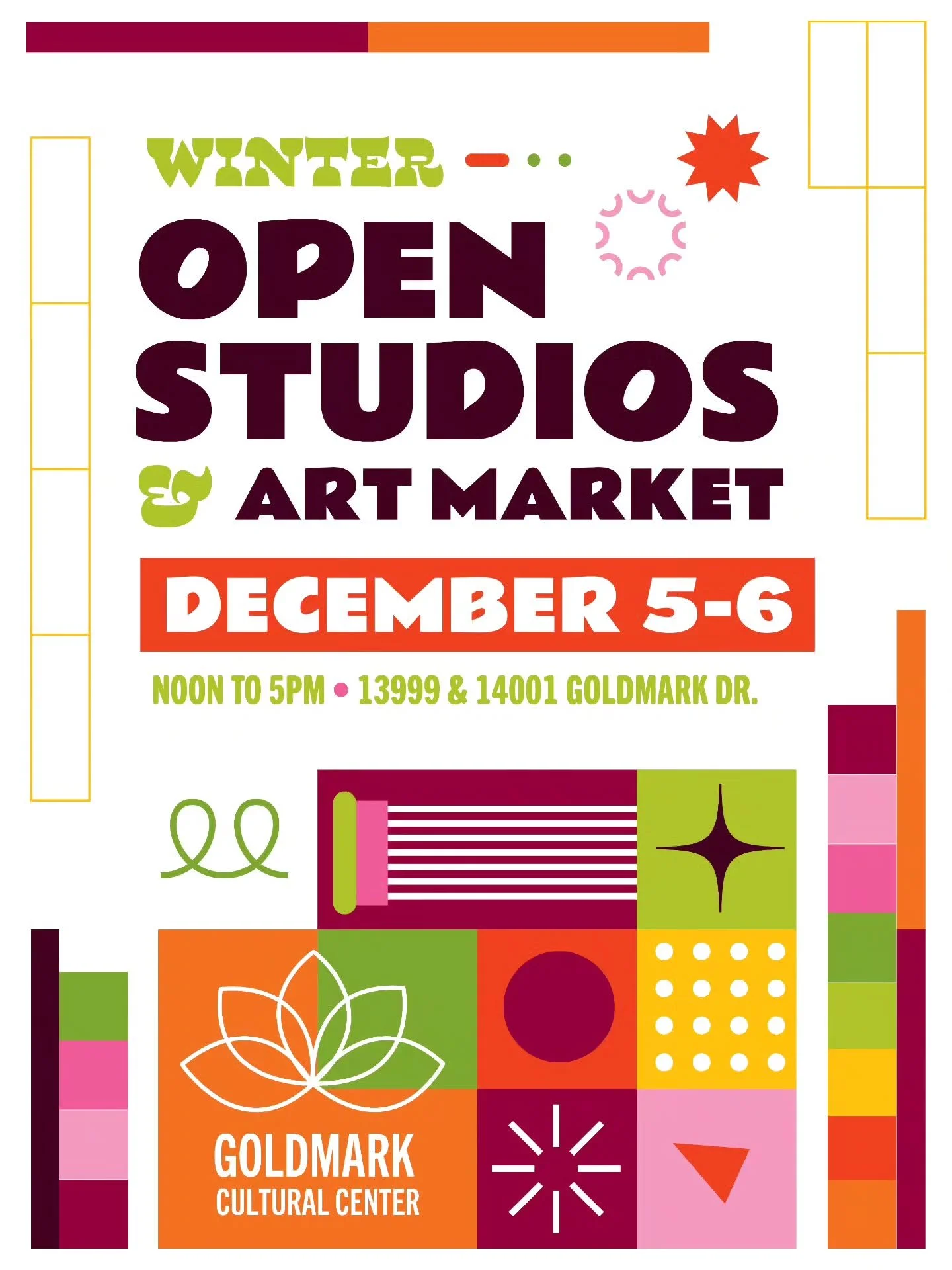 Join us on Saturday, December 5, and Sunday, December 6, from 12pm to 5pm each day for the Goldmark Cultural Center's Holiday Art Walk!

During this free, indoor open studios event, we invite you to explore the largest and friendliest community of vi
