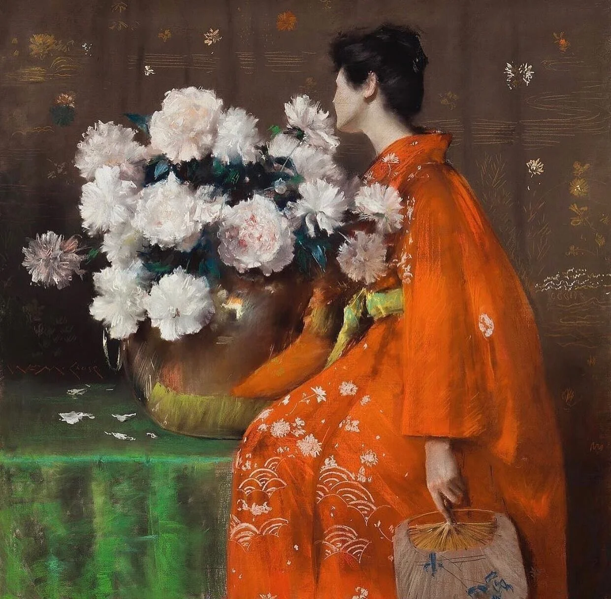 Art Inspiration | (Peonies) by William Merritt Chase, 1889, pastels. We love the vibrance of this kimono coat juxtaposed with the softness of the floral bouqet. Repost via @botanicatrading