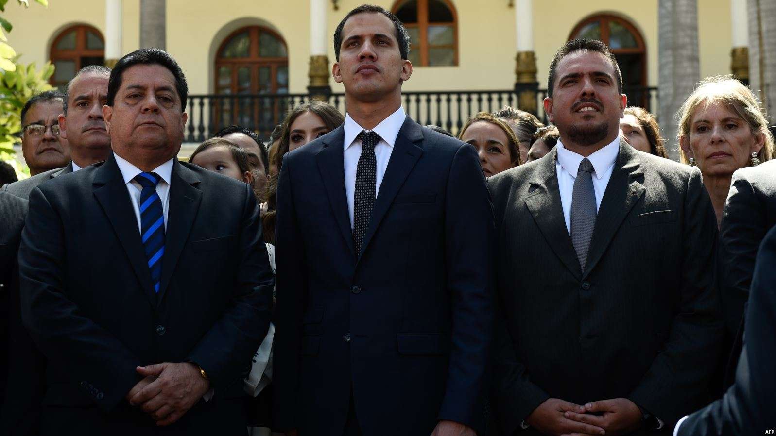 President of Venezuela’s National Assembly and self-declared interim president of Venezuela, Juan Guaidó, stands in the center with members of the Assembly after their inauguration ceremony on January 5 in Caracas. (Wikimedia Commons)