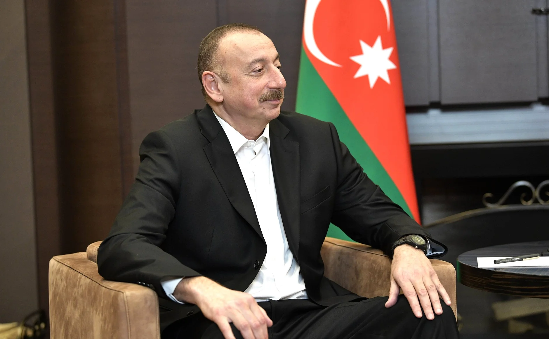 Azerbaijani President Ilham Aliyev pictured at a meeting with Russian President Vladimir Putin in Sochi in 2017 (The Kremlin).