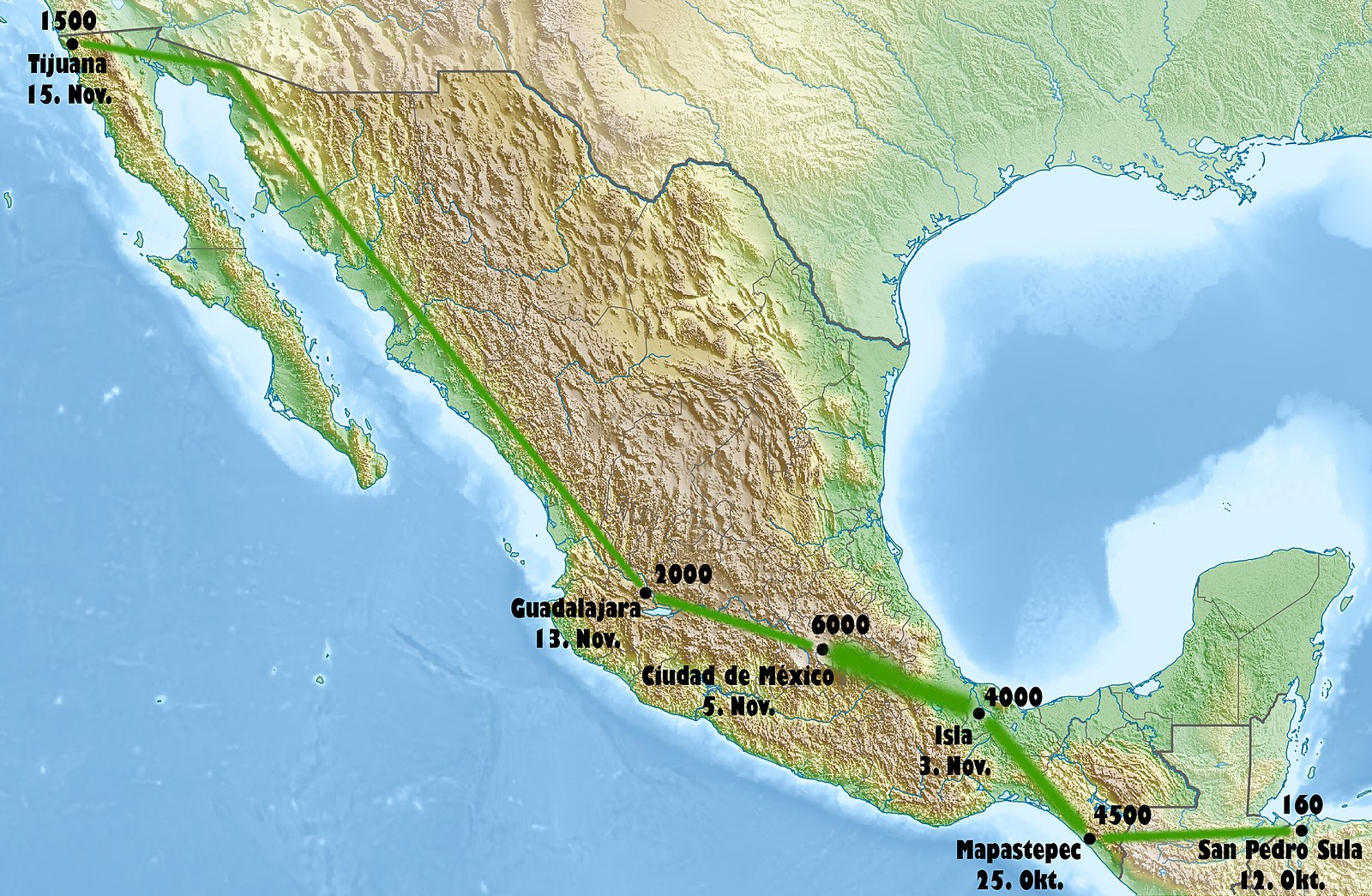 Path of the first major migrant caravan in 2018. (WikiMedia Commons)