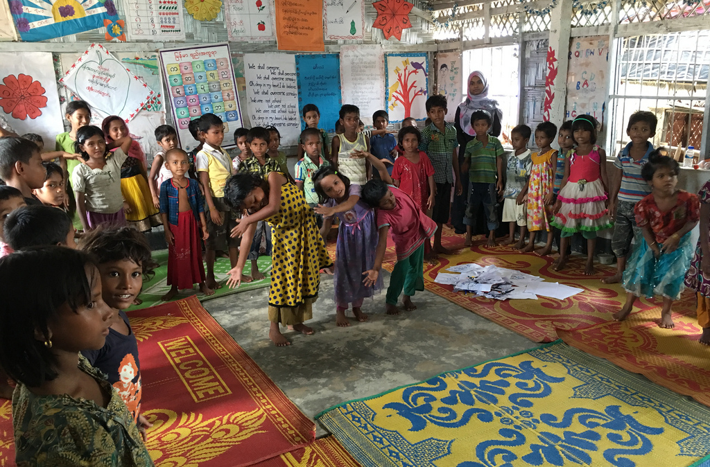 Rohingya children play and exercise in one of many refugee settlements in Cox’s Bazar, Bangladesh in September 2017. (flickr)