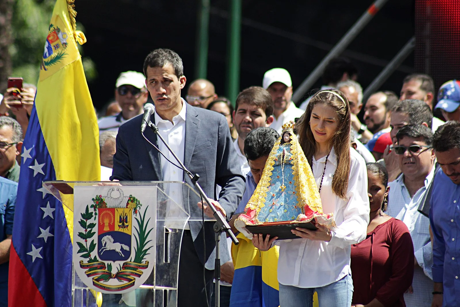 Self-declared interim President of Venezuela Juan Guaidó speaks at an anti-Maduro protest in Caracas in February. (Wikimedia Commons)