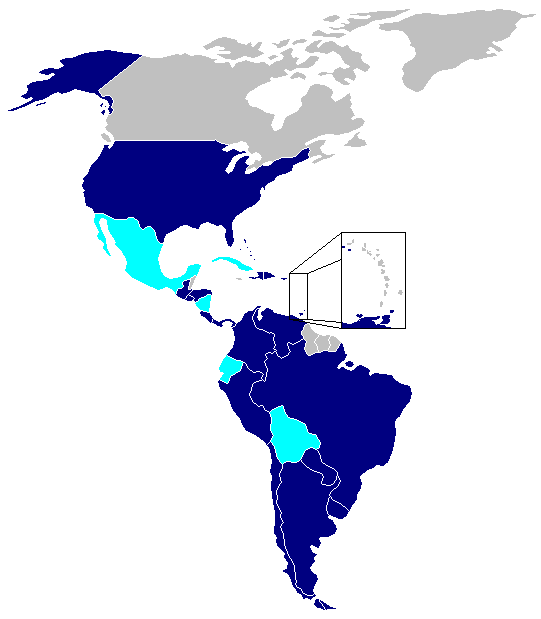 A map, created prior to Uruguay’s withdrawal, showing the member states of the Rio Treaty in dark blue and states that have previously withdrawn from the Rio Treaty in light blue