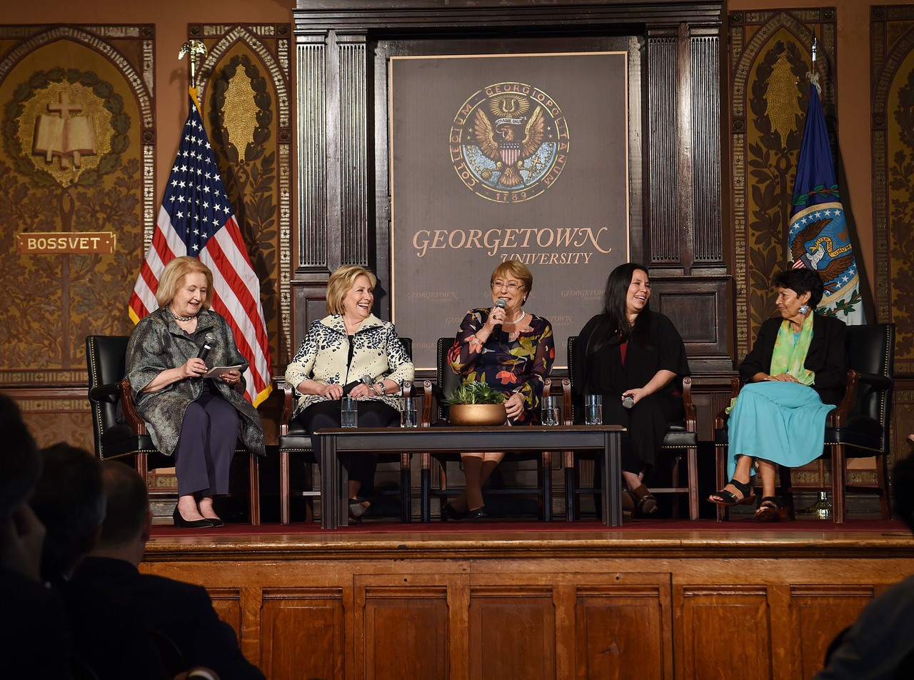 Ambassador Melanne Verveer (left), former-Secretary of State Hillary Clinton, United Nations High Commissioner for Human Rights Michelle Bachelet, Rosa Anaya, and Marta Velásquez address the audience in Gaston Hall on September 27. (Georgetown Institute for Women, Peace, and Security)