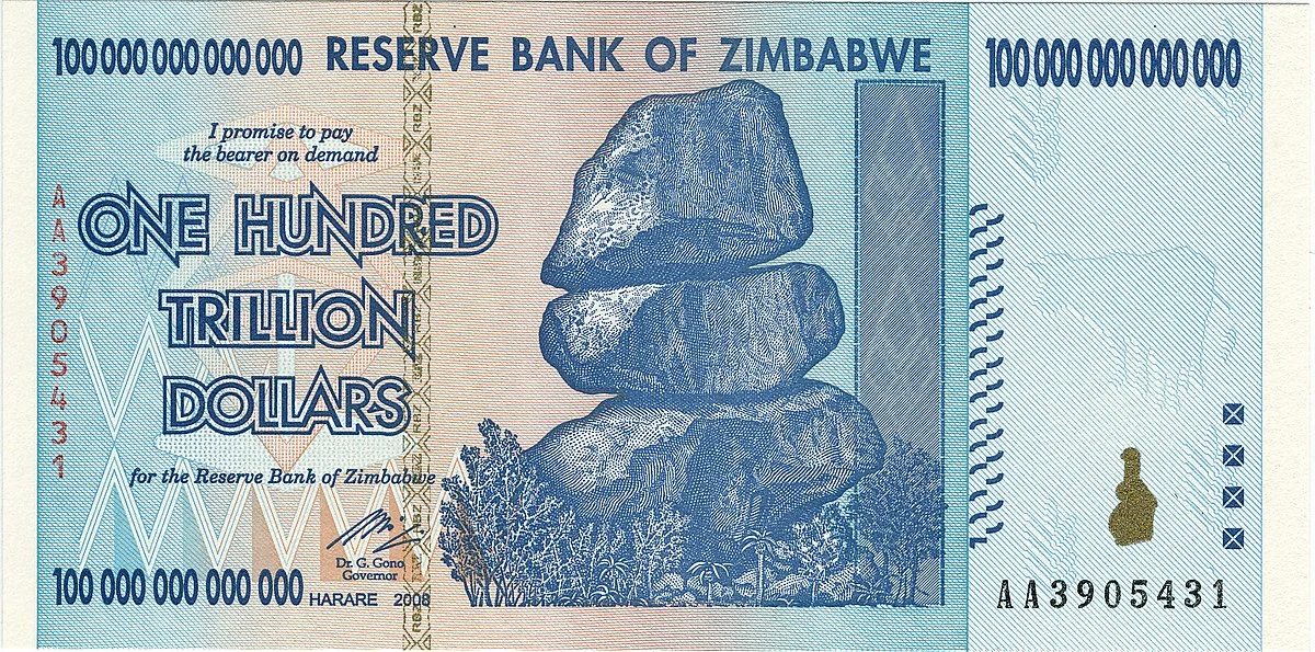 The $100 trillion bill is an example of the massive denominations of Zimbabwean currency that were required to buy everyday goods during the last major inflationary period. (Wikimedia Commons)