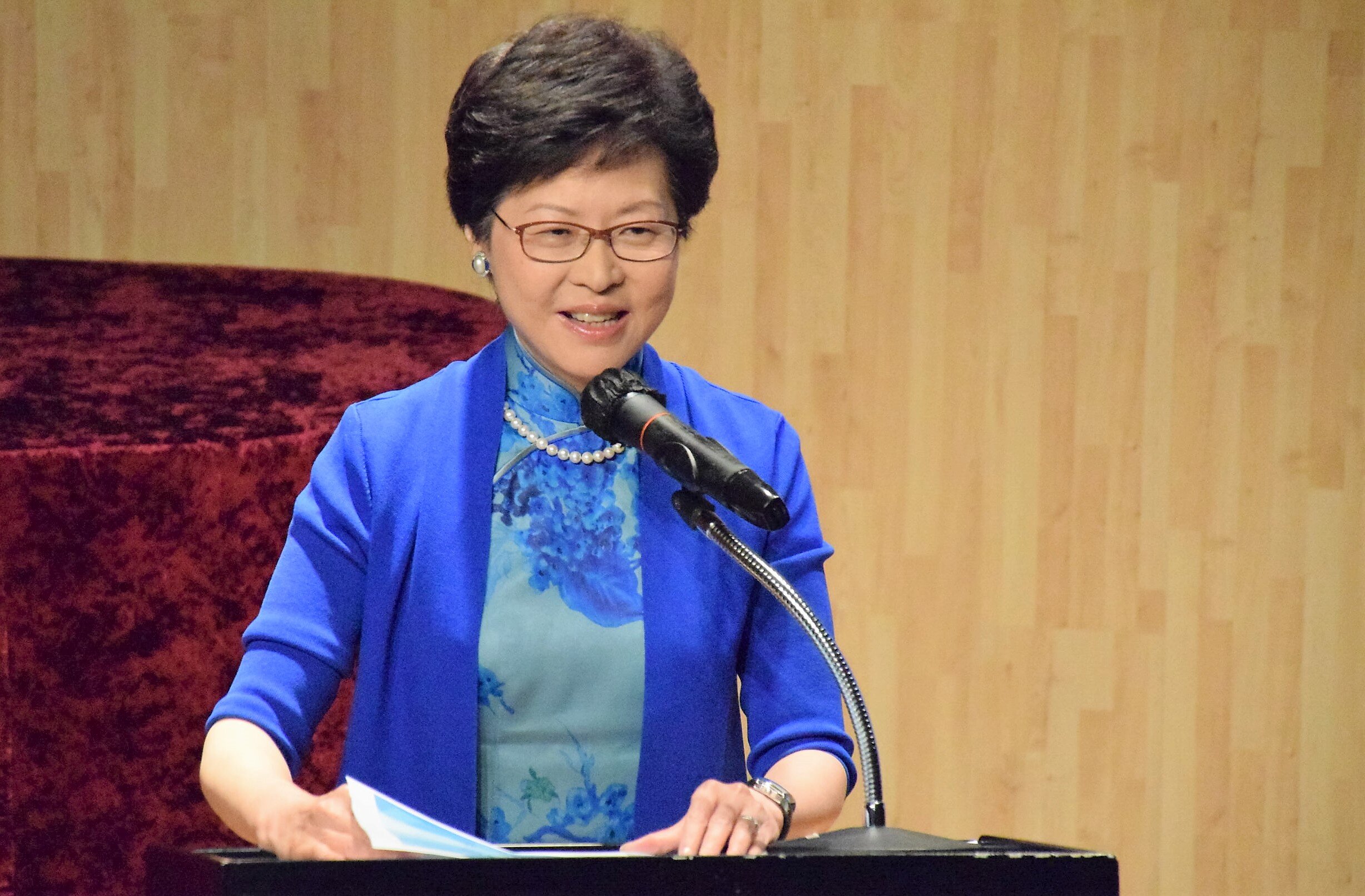 Hong Kong’s chief executive Carrie Lam’s popularity ratings have dropped amidst ongoing protests. (Wikimedia Commons)