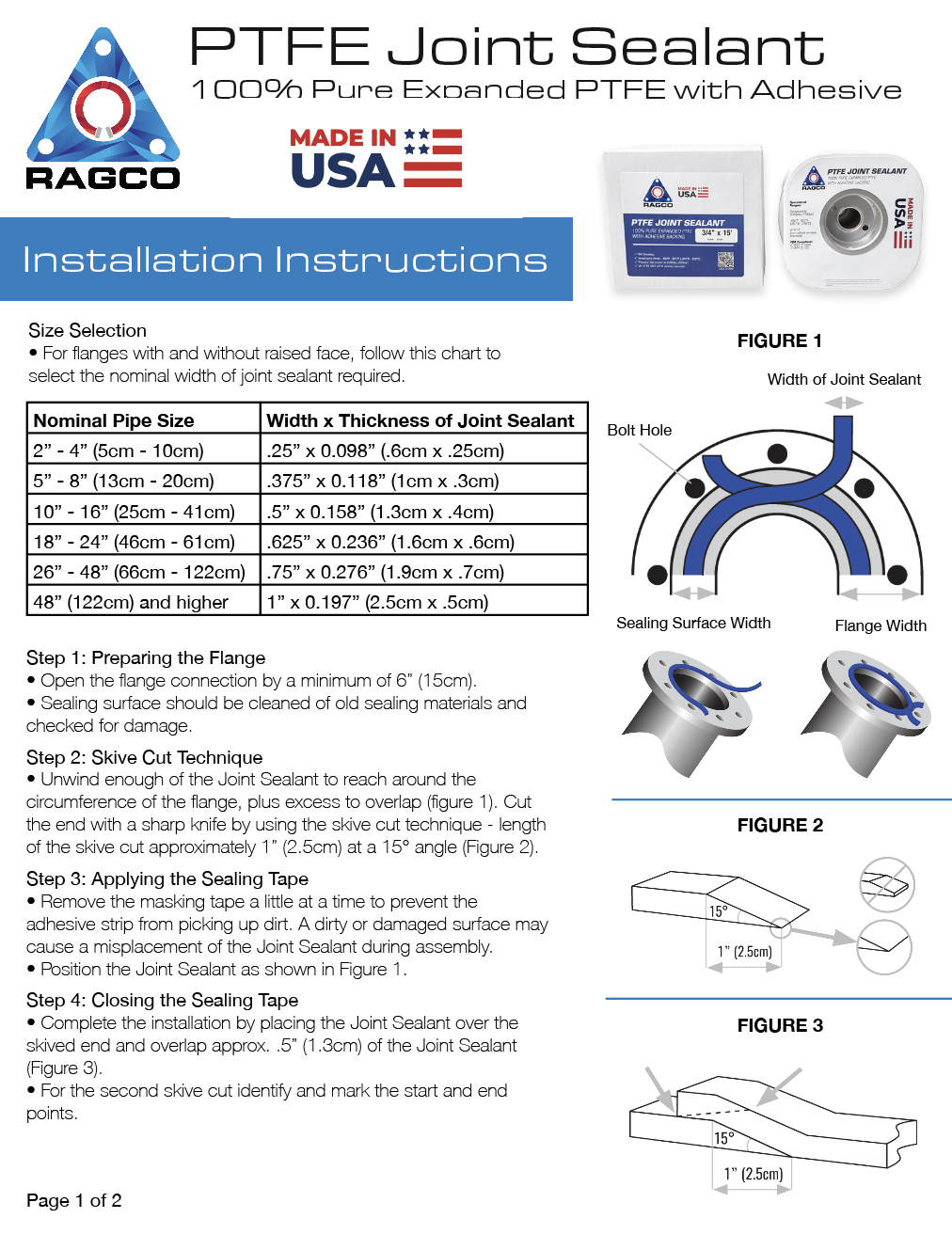 Installation instructions for RAGGO PTFE Joint Sealant, including details on size selection, flange preparation, skive cut technique, applying sealing tape, and closing the sealing tape with diagrams.