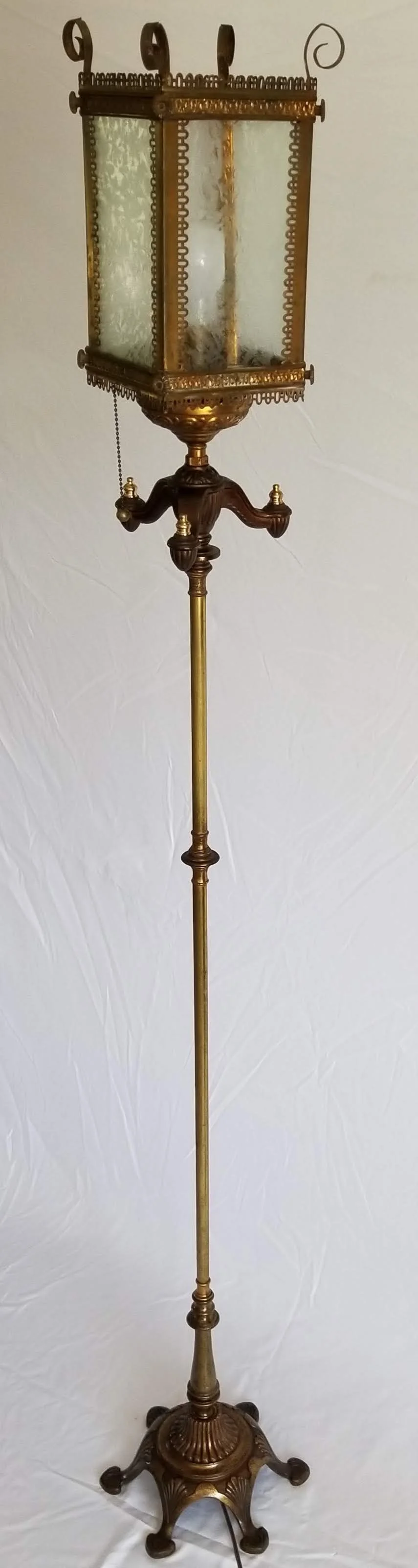 SOLD. We found a mid-Century floor lamp with the right patina to match the 1930’s gas-powered porch light. Flipped upside down and mounted atop makes for an unusual and eclectic conversation piece. Height: 56”