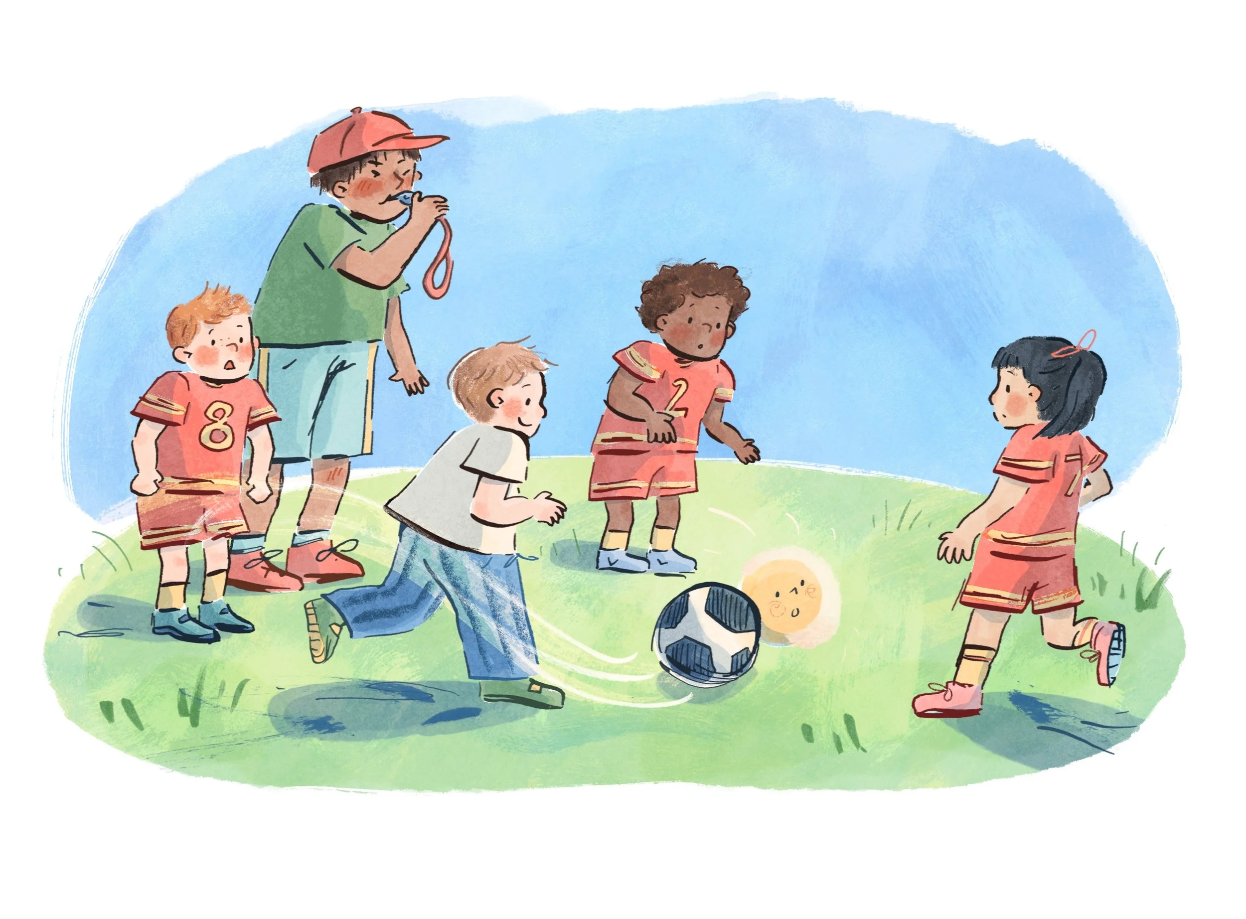 Childrens book illustration of children playing football or soccor by Erin McClean kidlit kidlitart