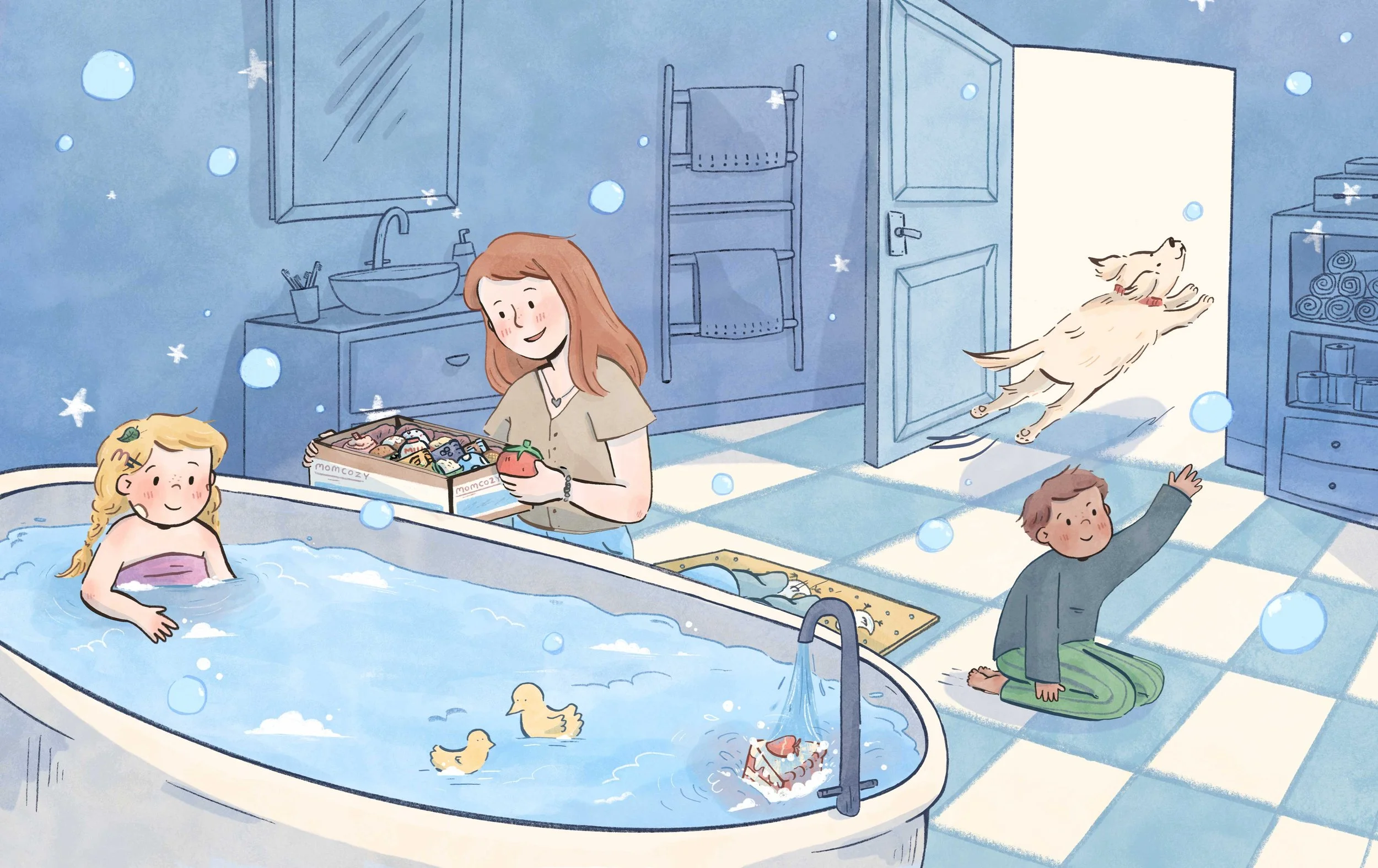 Childrens book illustration of bathtime for Momcozy by Erin McClean kidlit kidlitart
