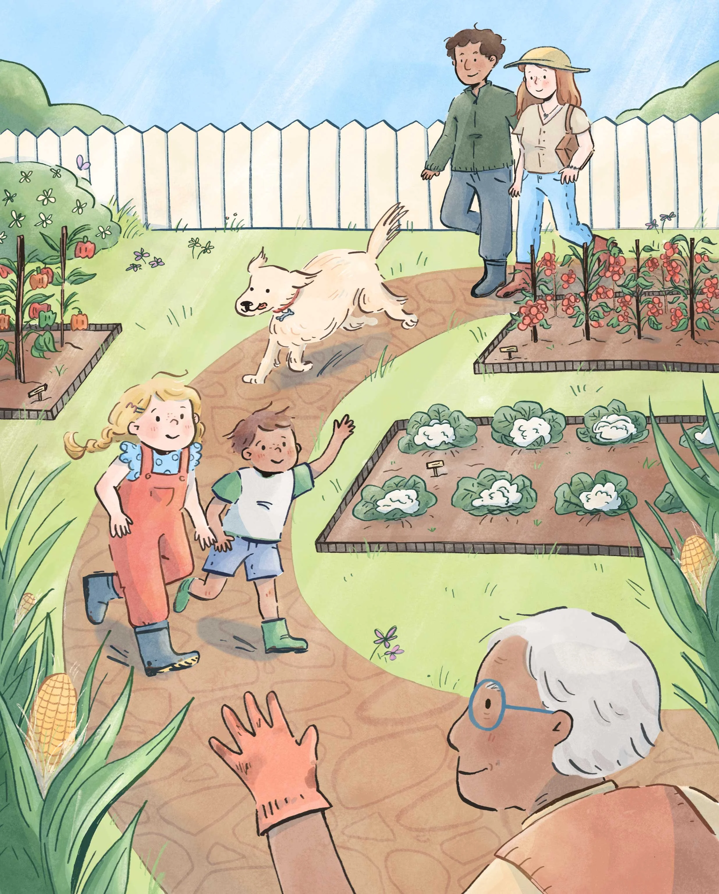 Childrens book illustration of a family in a vegetable garden for Momcozy by Erin McClean kidlit kidlitart