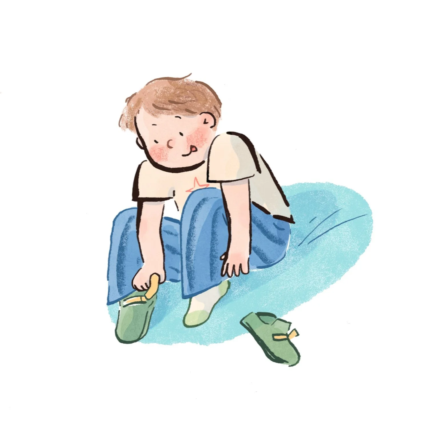 Childrens book spot illustration of child putting on their shoes by Erin McClean kidlit kidlitart