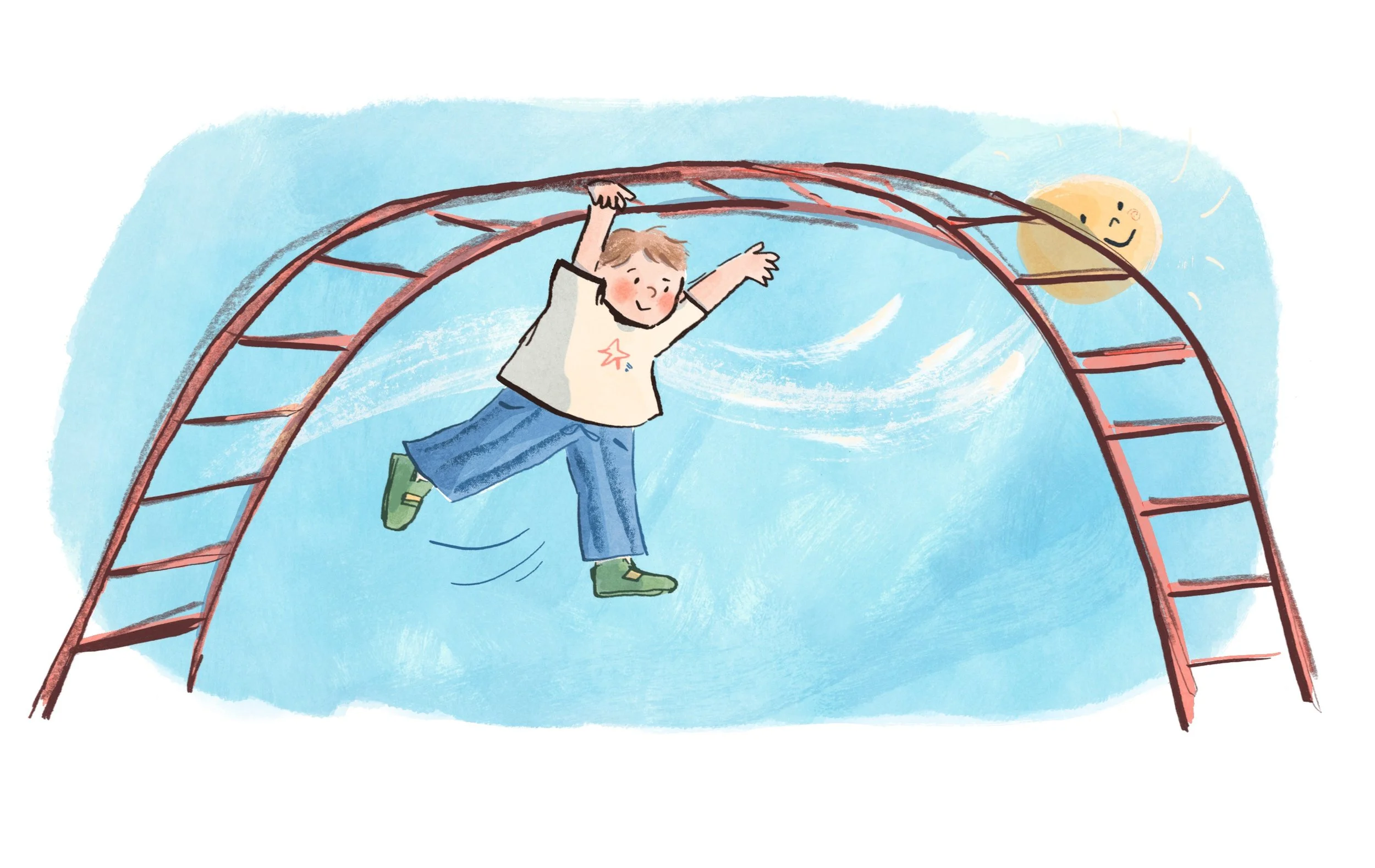 Childrens book illustration of a child playing on monkey bars in a playground by Erin McClean kidlit kidlitart