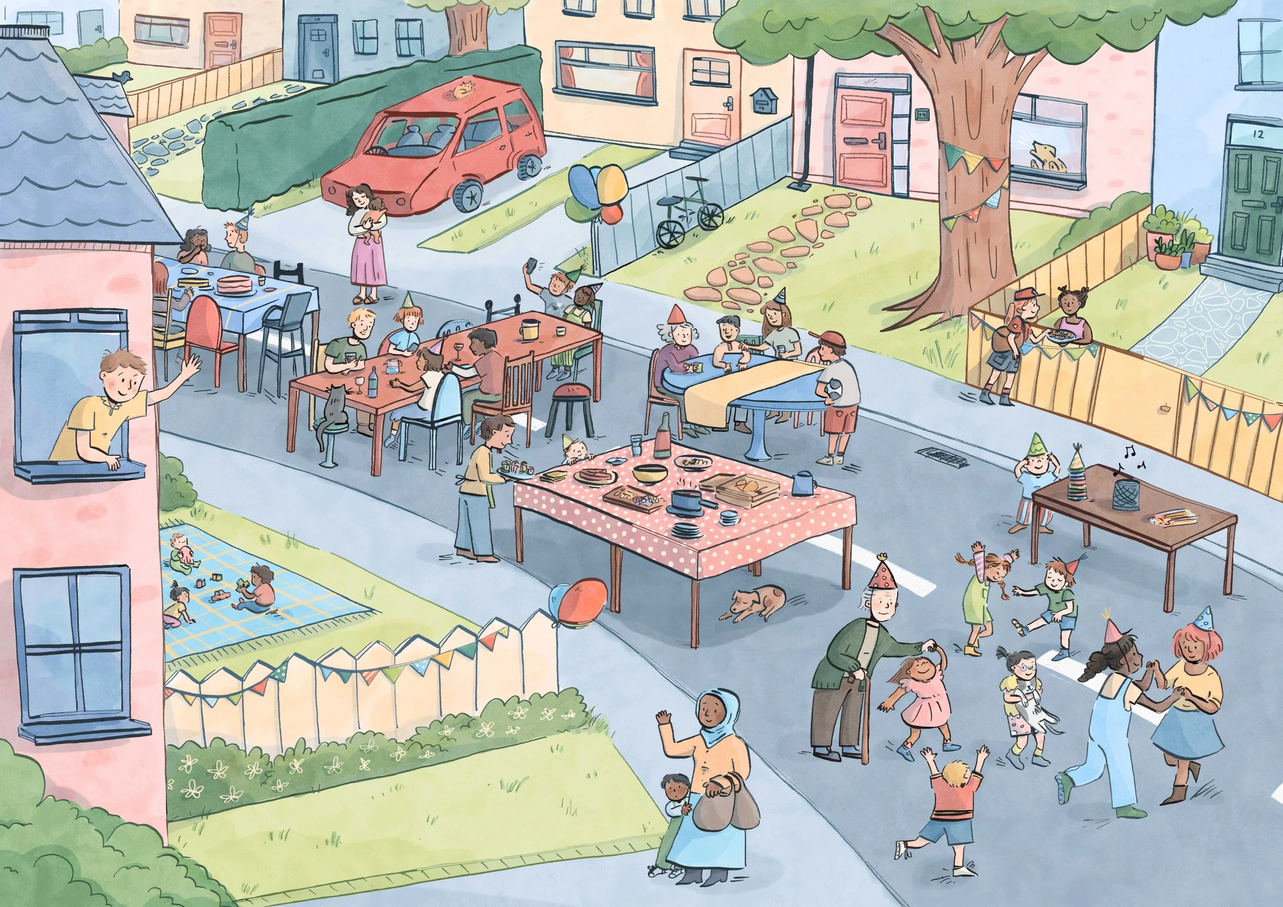 Kidlit Childrens book illustration of a neighbourhood street party with food and dancing by Erin McClean