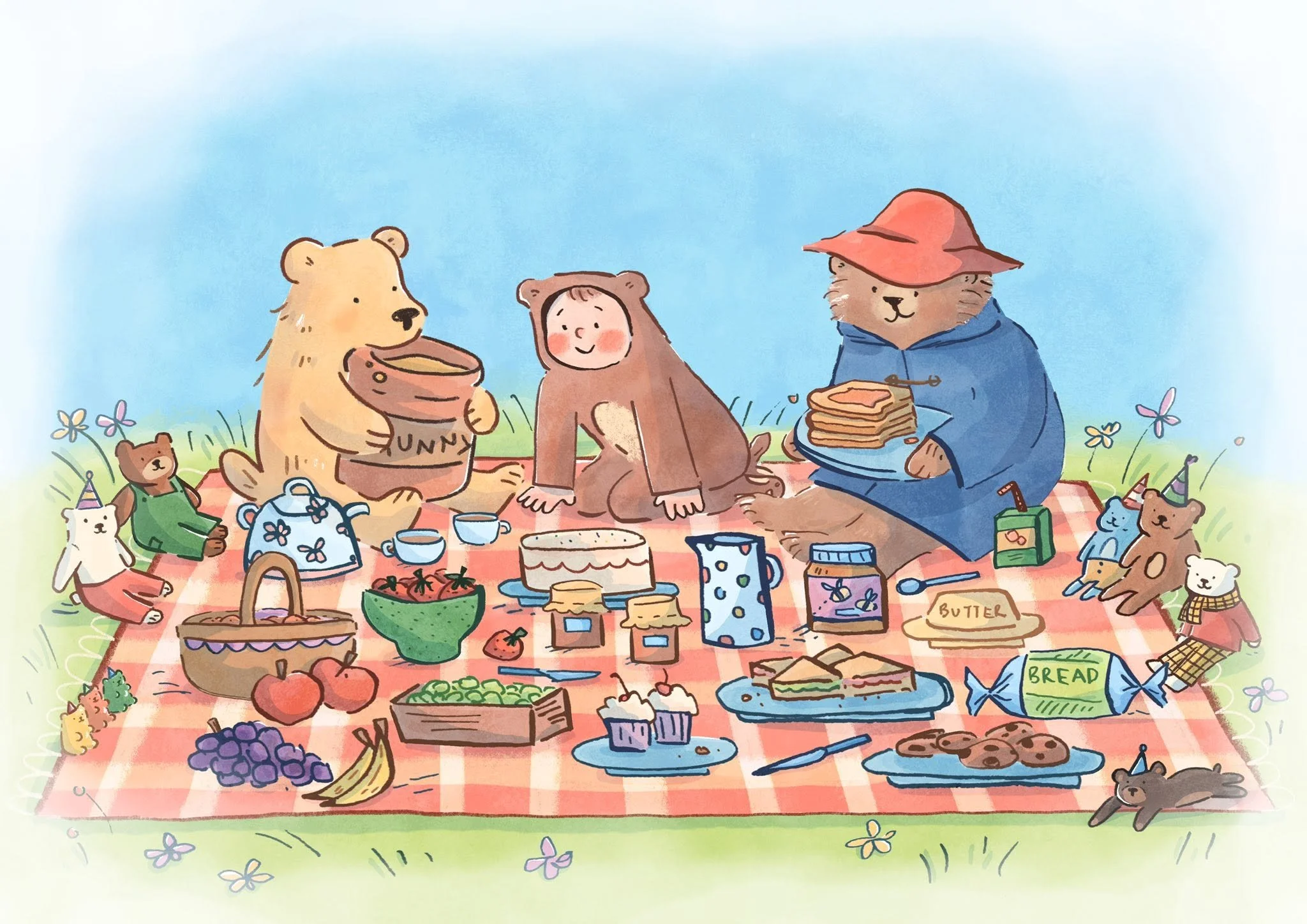 Childrens book illustration by Erin McClean of a Teddy bear Picnic featuring famous literary bears such as winnie the pooh and Paddington