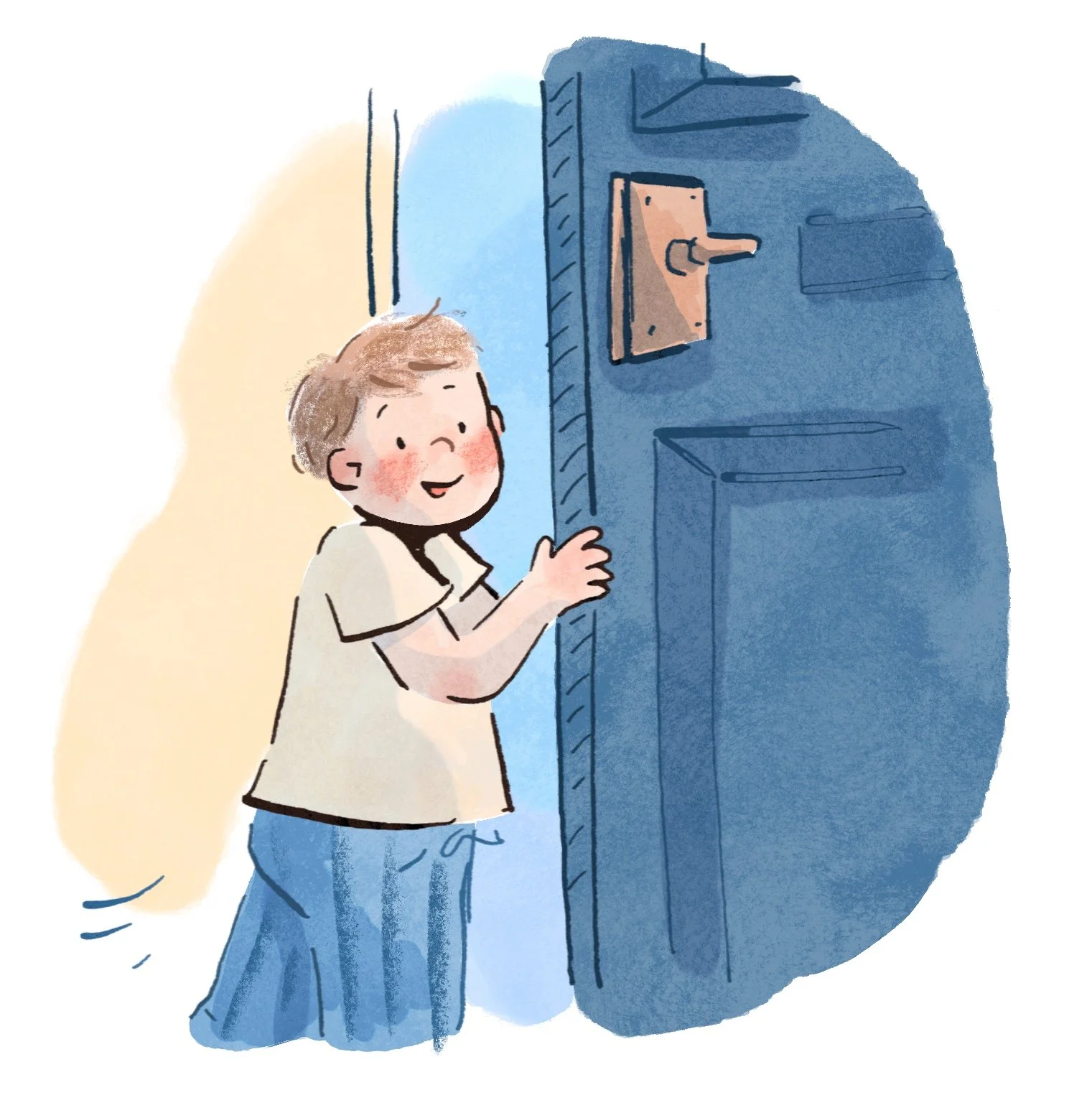 Childrens book illustration of a little boy leaving through a door by Erin McClean kidlit kidlitart