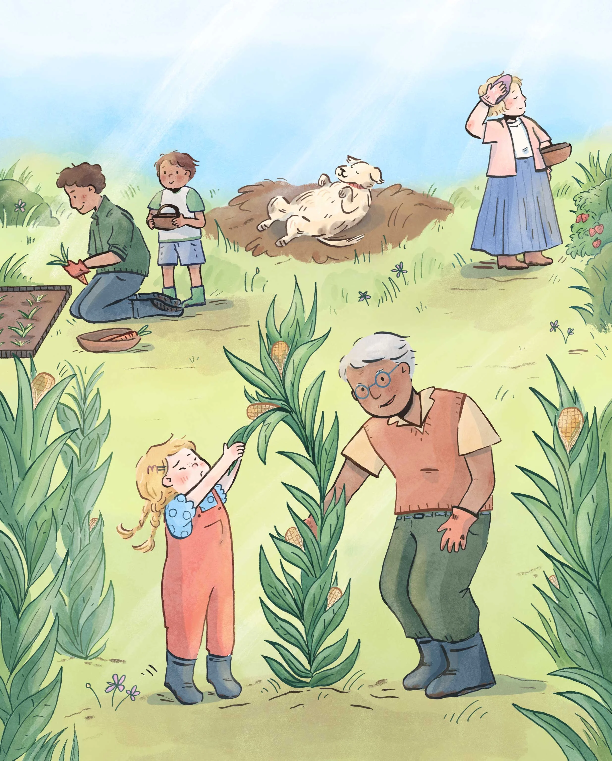 Childrens book illustration of a family in a vegetable garden for Momcozy by Erin McClean kidlit kidlitart