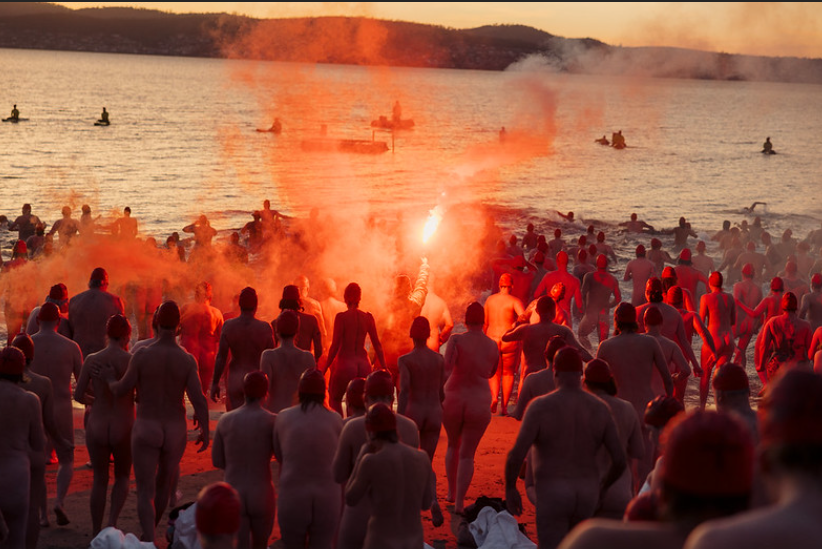 Nude Solstice Swim, Dark Mofo 2025. Photo Credit: Jesse Hunniford, 2025. Image courtesy of the artist and Dark Mofo.