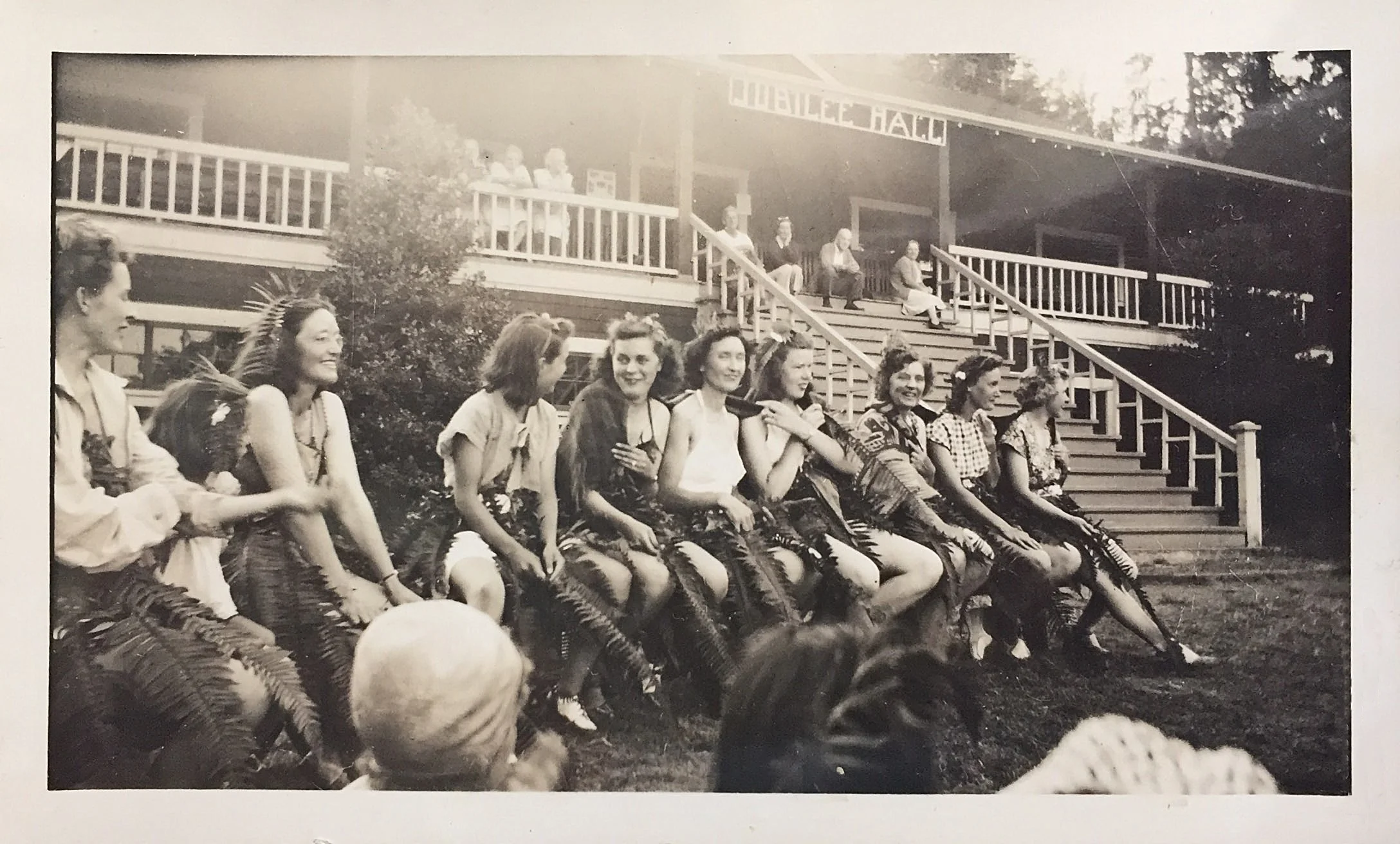Pictured: Girls at in front of Jubilee Hall at Camp Fircom in the late 1940s. Courtesy of Lorraine Elliott.