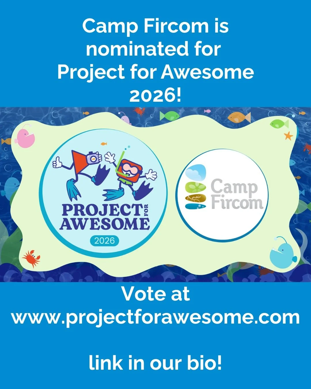 Voting is now closed. Thank you for your support!
Vote for Camp Fircom on the Project for Awesome website!
P4A is an incredible event that raises millions of dollars for charity every year! Fircom would love to be one of the many Grant Recipients of 